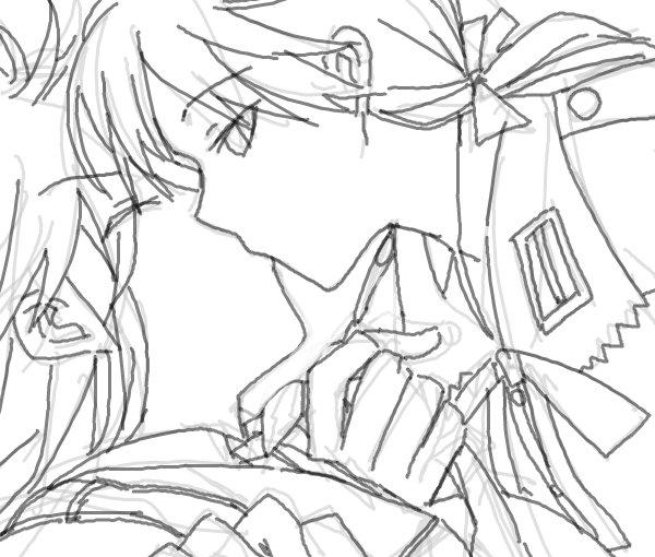 bai lao shu, charlotte e. yeager, gertrud barkhorn, strike witches, world witches series, bad id, bad pixiv id, 2girls, closed eyes, female focus, forced, forced kiss, greyscale, hair ribbon, kiss, long hair, looking at another, low twintails, monochrome, multiple girls, neck, necktie, pulling, ribbon, sketch, twintails, upper body, yuri