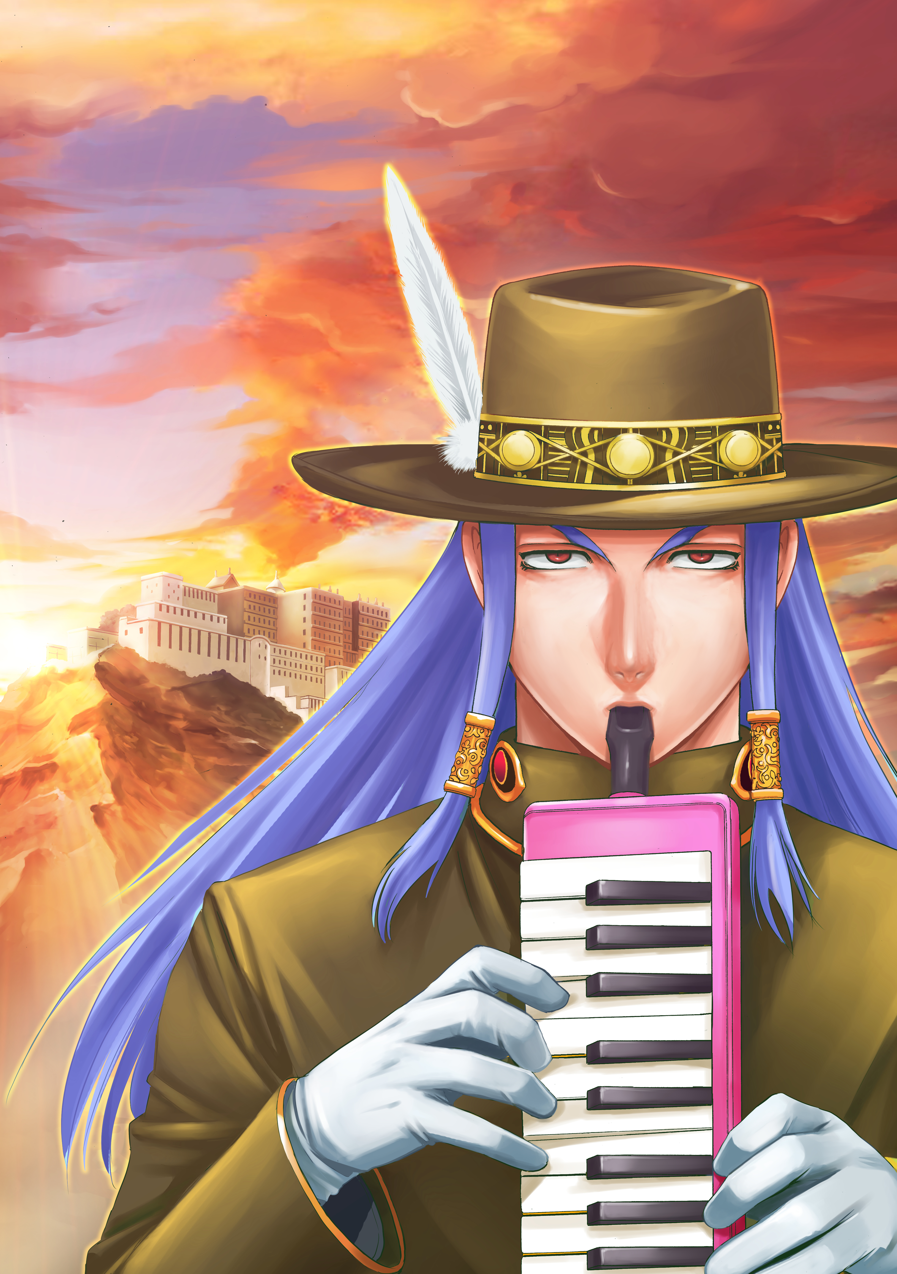 matsuena shun, shijou saikyou no deshi ken'ichi, absurdres, highres, official art, 1boy, blue hair, brown hat, brown jacket, building, cloud, collared jacket, cowboy hat, evening, feathers, gloves, hat, holding, holding instrument, instrument, jacket, keyboard (instrument), long hair, looking at viewer, low-tied sidelocks, melodica, mountain, music, outdoors, playing instrument, red eyes, sidelocks, siegfried (shijou saikyou no deshi), sky, solo, upper body, v-shaped eyebrows, white gloves