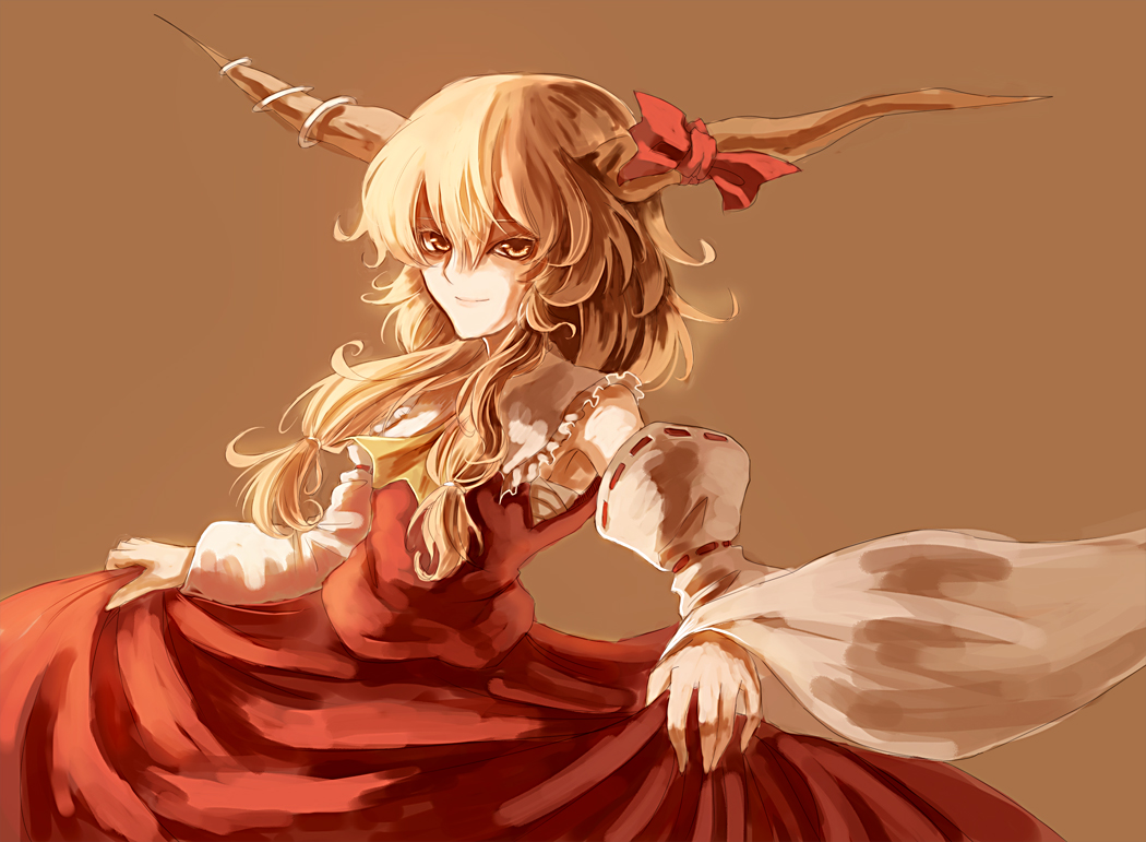 parsley-f, hakurei reimu, ibuki suika, touhou, bad id, bad pixiv id, 1girl, blonde hair, cosplay, detached sleeves, female focus, hakurei reimu (cosplay), japanese clothes, miko, short hair, simple background, solo, yellow eyes