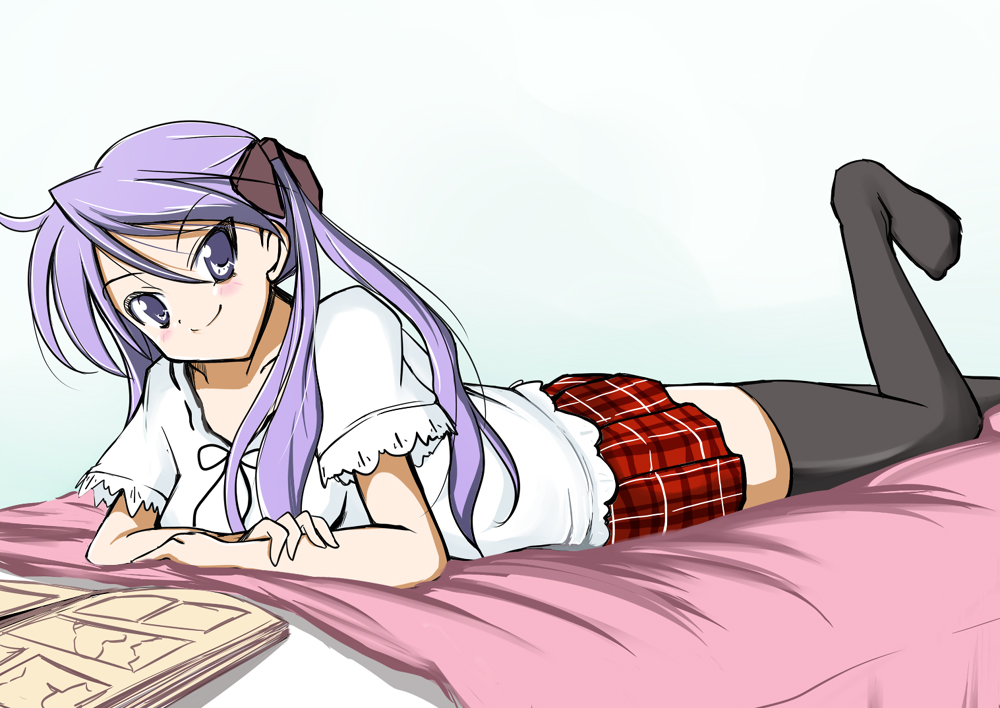 iwashita, hiiragi kagami, lucky star, bad id, bad pixiv id, 00s, 1girl, bed, blue eyes, female focus, long hair, lying, on stomach, plaid clothes, plaid skirt, purple hair, skirt, smile, solo, thighhighs, twintails