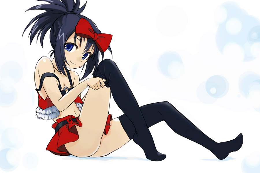 michael f91, kunihiro hajime, saki (manga), 1girl, bare shoulders, black hair, black thighhighs, blue eyes, blue hair, bow, female focus, flapper shirt, hair bow, matching hair/eyes, navel, ponytail, revealing clothes, shirt, short hair, sitting, smile, solo, strap slip, thighhighs