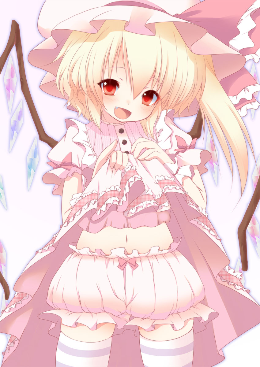 fujisaki hikari, flandre scarlet, touhou, highres, 1girl, bloomers, blush, clothes lift, fang, female focus, midriff, navel, red eyes, skirt, skirt lift, socks, solo, striped clothes, striped socks, striped thighhighs, thighhighs, underwear, wrist cuffs