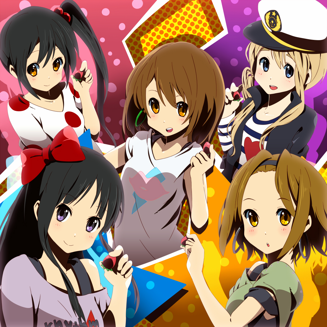 hajime (hajime-ill-1st), akiyama mio, hirasawa yui, kotobuki tsumugi, nakano azusa, tainaka ritsu, k-on!, listen!!, bad id, bad pixiv id, 5girls, black hair, blonde hair, blue eyes, brown hair, casual, food, fruit, hair bobbles, hair ornament, hat, ho-kago tea time, long hair, multiple girls, orange eyes, polka dot, purple eyes, sailor hat, short hair, side ponytail, strawberry, yellow eyes