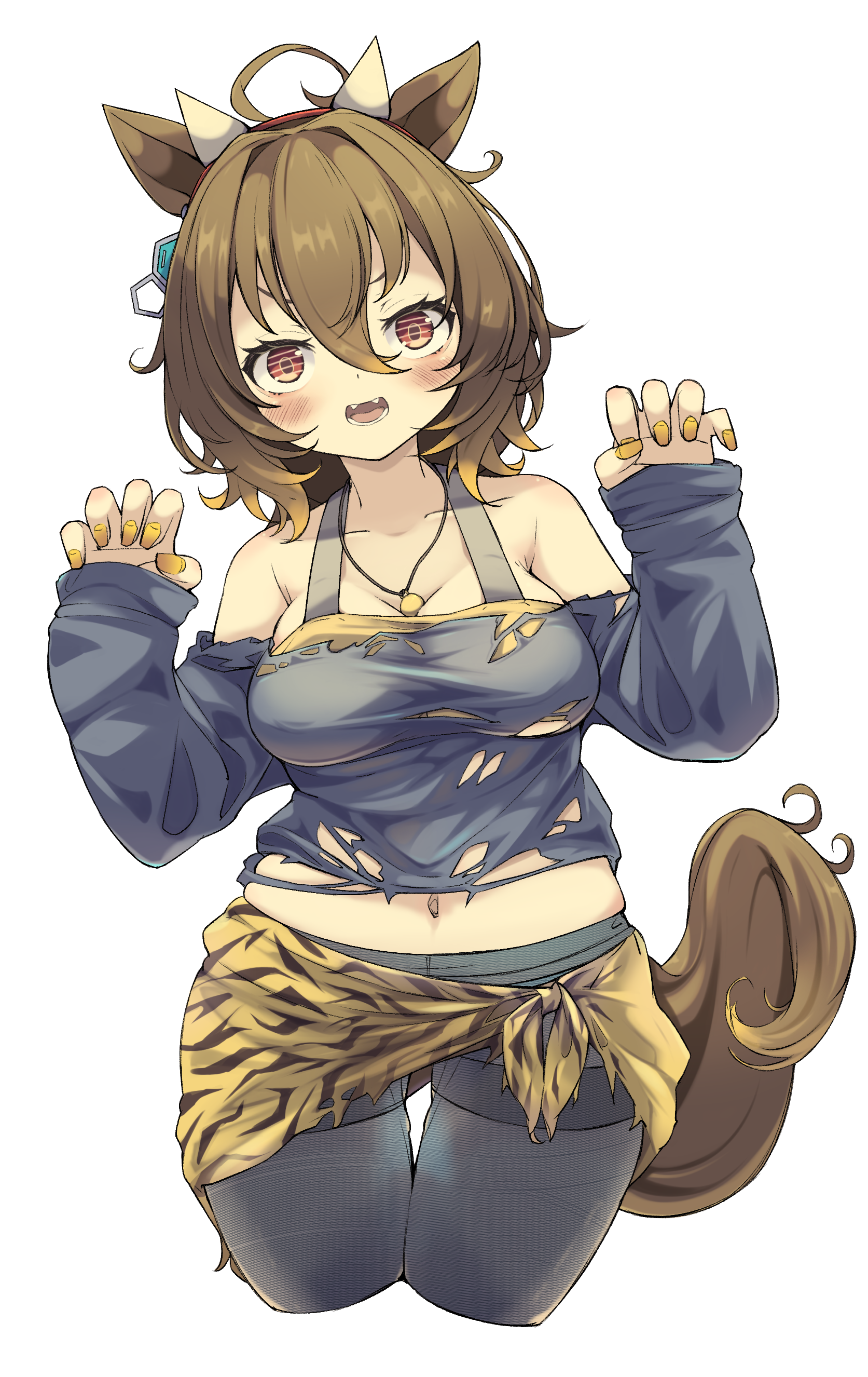 woruta (soloistlist), agnes tachyon (umamusume), umamusume, absurdres, commentary request, highres, 1girl, ahoge, animal ears, black pantyhose, black shirt, black shorts, blush, breasts, brown hair, brown tail, claw pose, cleavage, fake horns, fingernails, hair between eyes, hands up, horns, horse ears, horse girl, jewelry, large breasts, long hair between eyes, long sleeves, looking at viewer, nail polish, necklace, off-shoulder shirt, off shoulder, pantyhose, pantyhose under shorts, red eyes, sarong, setsubun, shirt, short hair, short shorts, shorts, sleeves past wrists, torn clothes, torn shirt, transparent background, v-shaped eyebrows, white horns, yellow nails, yellow sarong