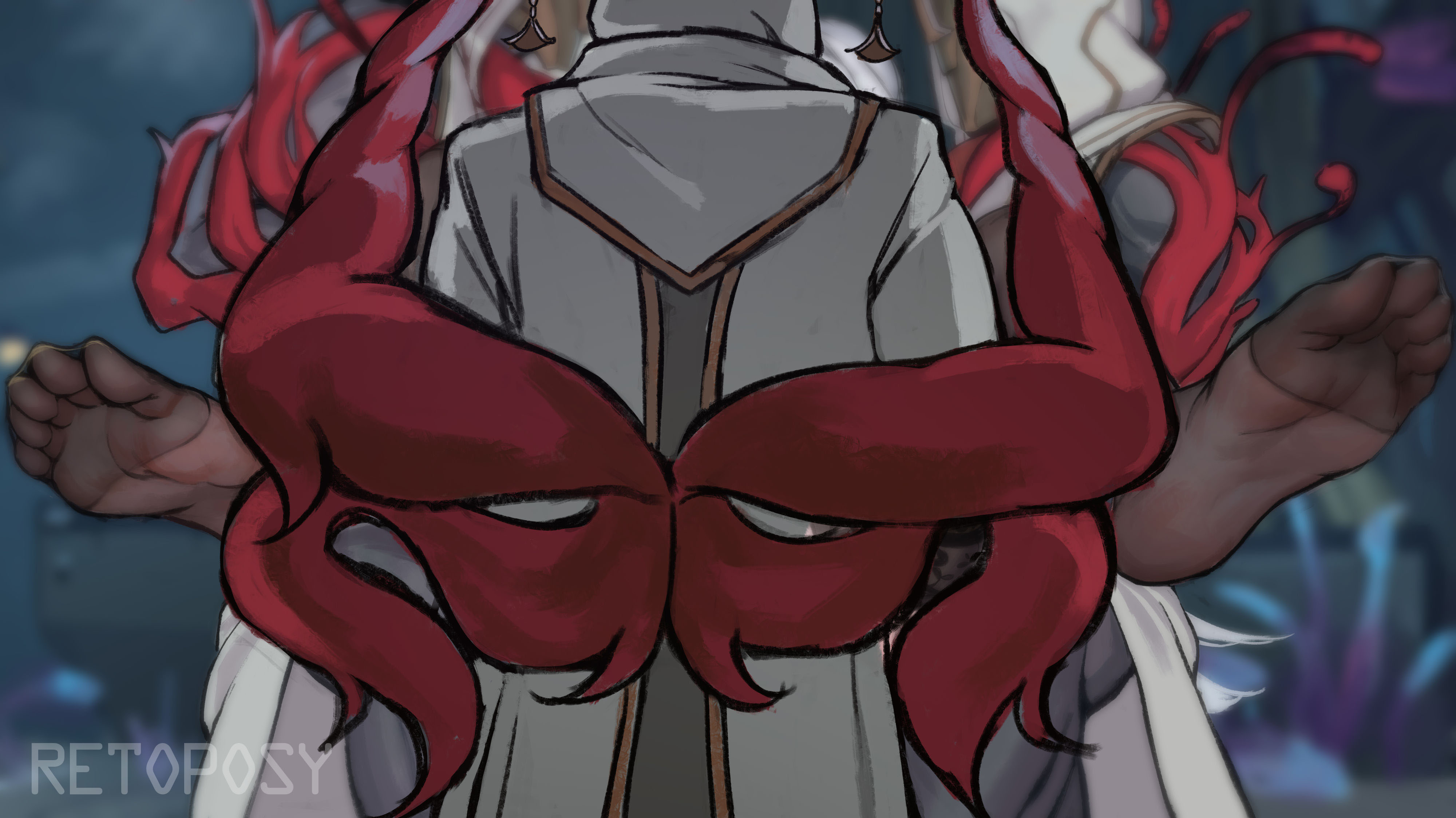 retoposy, yixuan (zenless zone zero), zenless zone zero, absurdres, commentary, english commentary, highres, paid reward available, 1girl, 3boys, black pantyhose, blurry, blurry background, hetero, hood, long hair, multiple boys, night, outdoors, pantyhose, robe, sex, white hair, white robe