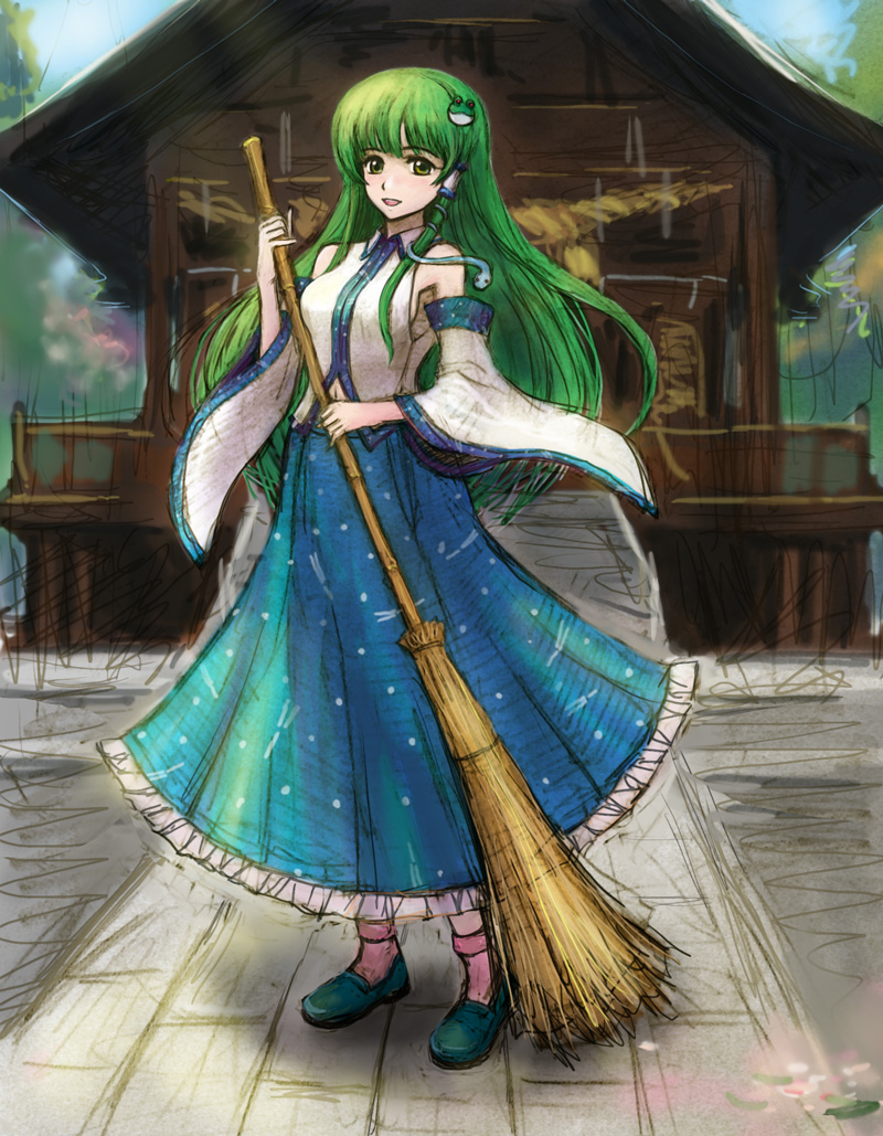 tafuto, kochiya sanae, touhou, bad id, bad pixiv id, 1girl, broom, detached sleeves, female focus, frog, green eyes, green hair, hair ornament, long hair, matching hair/eyes, shrine, snake, solo