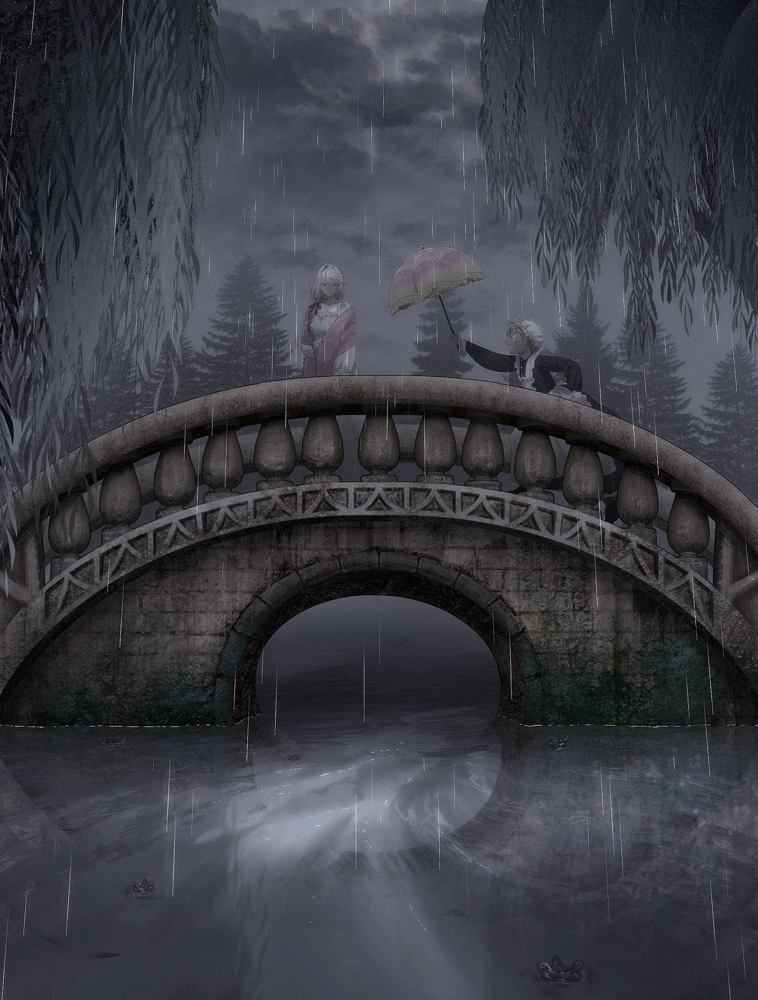 unholymilk, original, commentary, highres, symbol-only commentary, 2girls, apron, black dress, blonde hair, blush, breasts, bridge, cape, cloud, cloudy sky, dress, feet out of frame, forest, from side, full body, green eyes, grey hair, grey sky, hair between eyes, hat, holding, holding umbrella, leaning forward, long hair, long sleeves, looking at another, looking down, maid, maid apron, maid headdress, multiple girls, nature, open mouth, outdoors, pink cape, railing, rain, river, short hair, sky, tree, umbrella, white dress, white hat