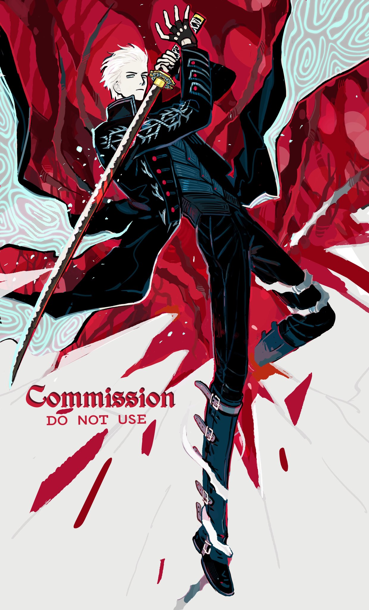 vergil (devil may cry), devil may cry (series), devil may cry 5, hashtag-only commentary, highres, 1boy, black coat, black gloves, blue boots, blue eyes, blue vest, boots, coat, fingerless gloves, gloves, hair slicked back, holding, holding sword, holding weapon, hong 990, katana, long coat, long sleeves, male focus, short hair, solo, sword, vest, weapon, white hair, yamato (sword)