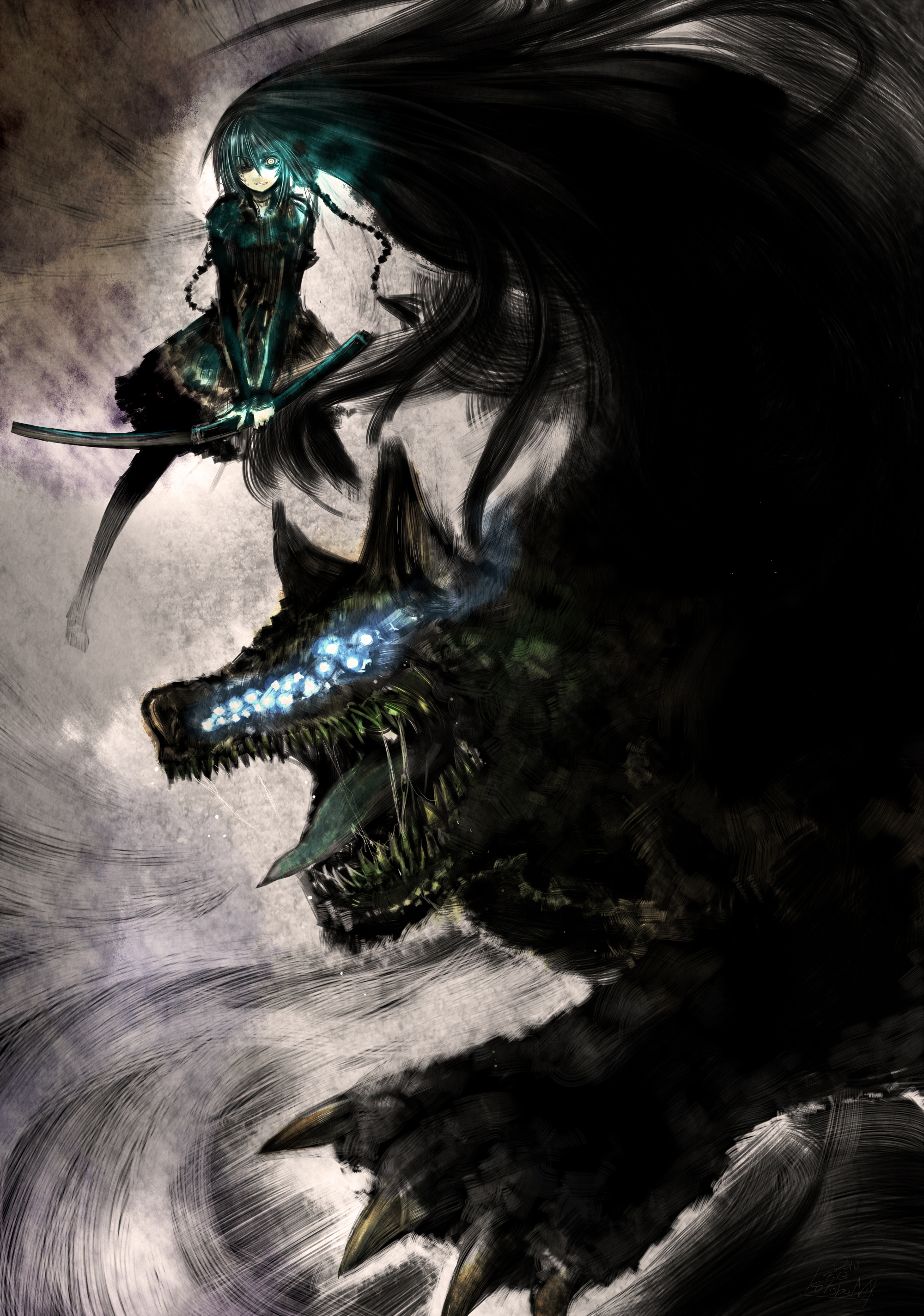 kotoba noriaki, original, absurdres, highres, black hair, black pantyhose, blending, braid, glowing, glowing eyes, hair over one eye, holding, light trail, long hair, monster, pantyhose, solo, twin braids, two-handed, very long hair, wide-eyed, yellow eyes