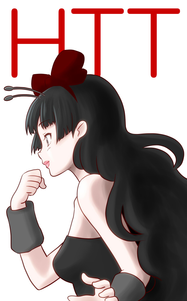 chunpai, akiyama mio, k-on!, listen!!, 1girl, alternate hairstyle, antennae, black eyes, black hair, breasts, dress, female focus, lipstick, long hair, makeup, pale skin, profile, solo, strapless, strapless dress, white background, wristband