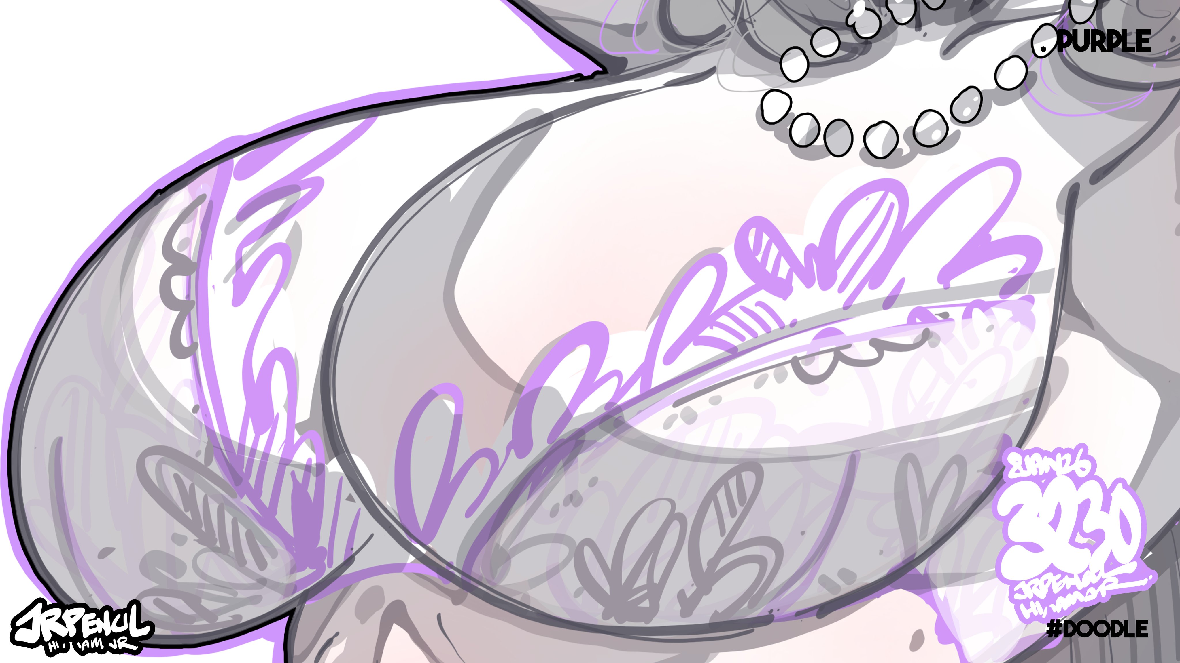 jrpencil, original, absurdres, commentary, highres, paid reward available, 1girl, artist name, bra, breast focus, breasts, dated, jewelry, large breasts, necklace, pearl necklace, purple bra, simple background, solo, underwear, underwear only, white background