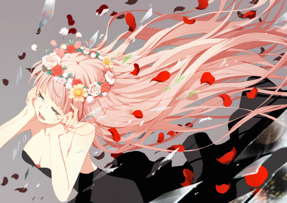 gin (oyoyo), megurine luka, just be friends (vocaloid), vocaloid, 1girl, alternate hairstyle, aqua eyes, bare shoulders, breasts, broken glass, cleavage, dress, female focus, glass, head wreath, long hair, petals, pink hair, small breasts, solo, strapless, strapless dress, string, string of fate, tears