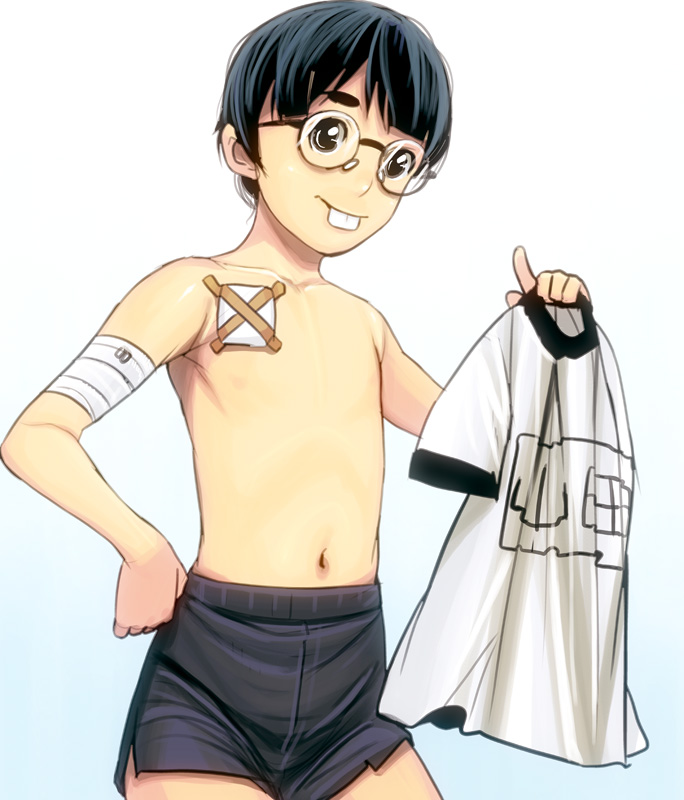 kouno (masao), yamada (ishida to asakura), ishida to asakura, bad id, bad pixiv id, 1boy, aged down, bandages, buck teeth, glasses, gym uniform, hand on own hip, injury, male focus, name tag, school uniform, simple background, smile, solo, standing, teeth, topless male, undressing