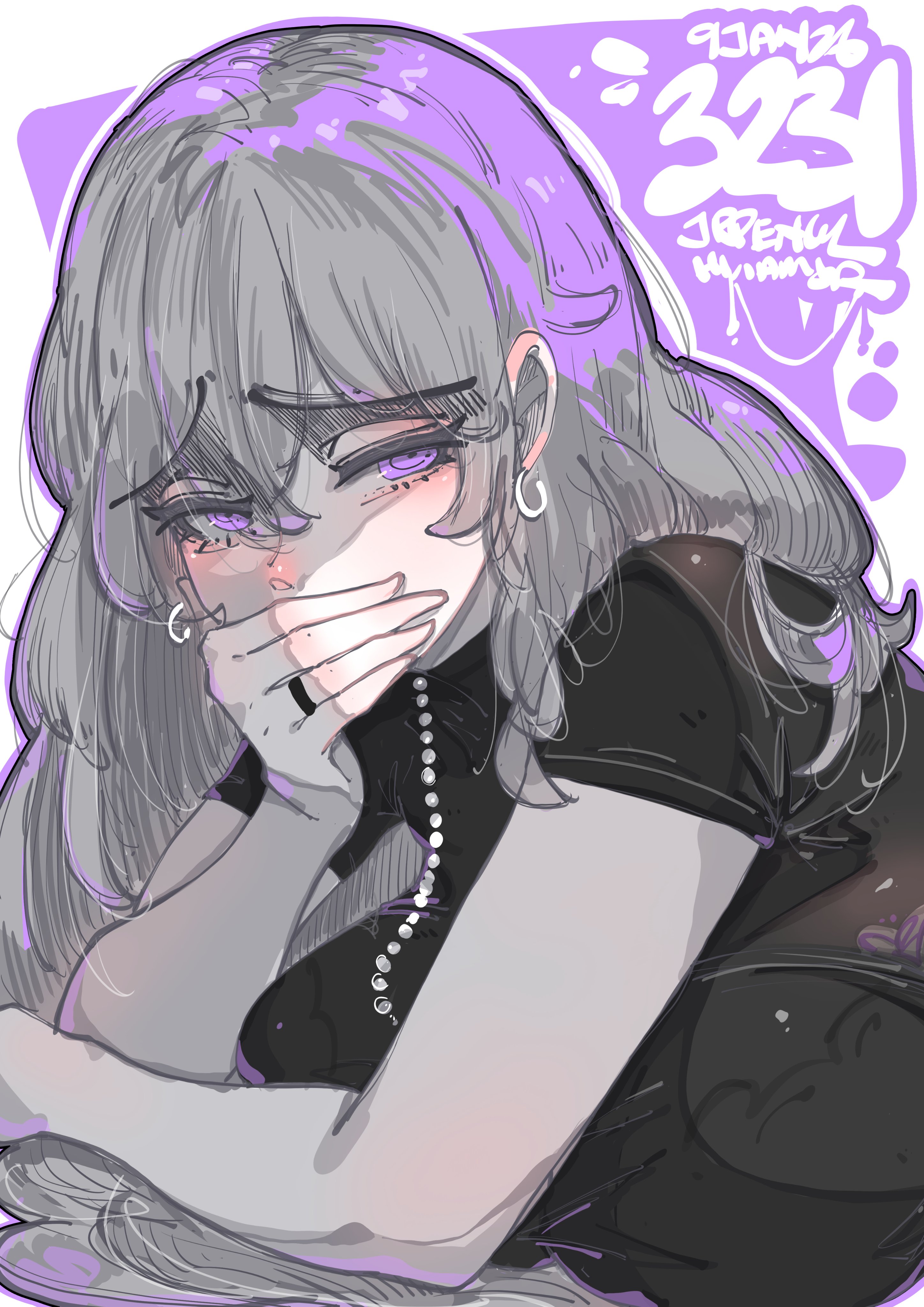 jrpencil, original, absurdres, commentary, english commentary, highres, 1girl, artist name, black shirt, border, breasts, covering own mouth, double-parted bangs, earrings, grey hair, hair between eyes, hand over own mouth, jewelry, large breasts, long hair, looking at viewer, multicolored hair, necklace, outside border, pearl necklace, purple background, purple eyes, purple hair, raised inner eyebrows, ring, shirt, short sleeves, solo, two-tone hair, upper body, white border