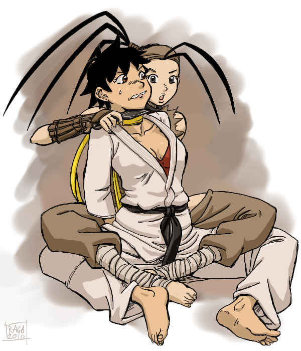ragathol, ibuki (street fighter), makoto (street fighter), capcom, street fighter, street fighter iii (series), 2girls, ankle wrap, bandages, barefoot, belt, black hair, breasts, brown eyes, camisole, choker, cleavage, clothing cutout, dougi, feet, hip vent, kunai, leg lock, martial arts belt, multiple girls, nervous, ninja, open mouth, ponytail, ribbon, ribbon choker, scarf, short hair, sitting, small breasts, sports bra, sweat, teeth, toeless legwear, toes, topknot, weapon, you gonna get raped