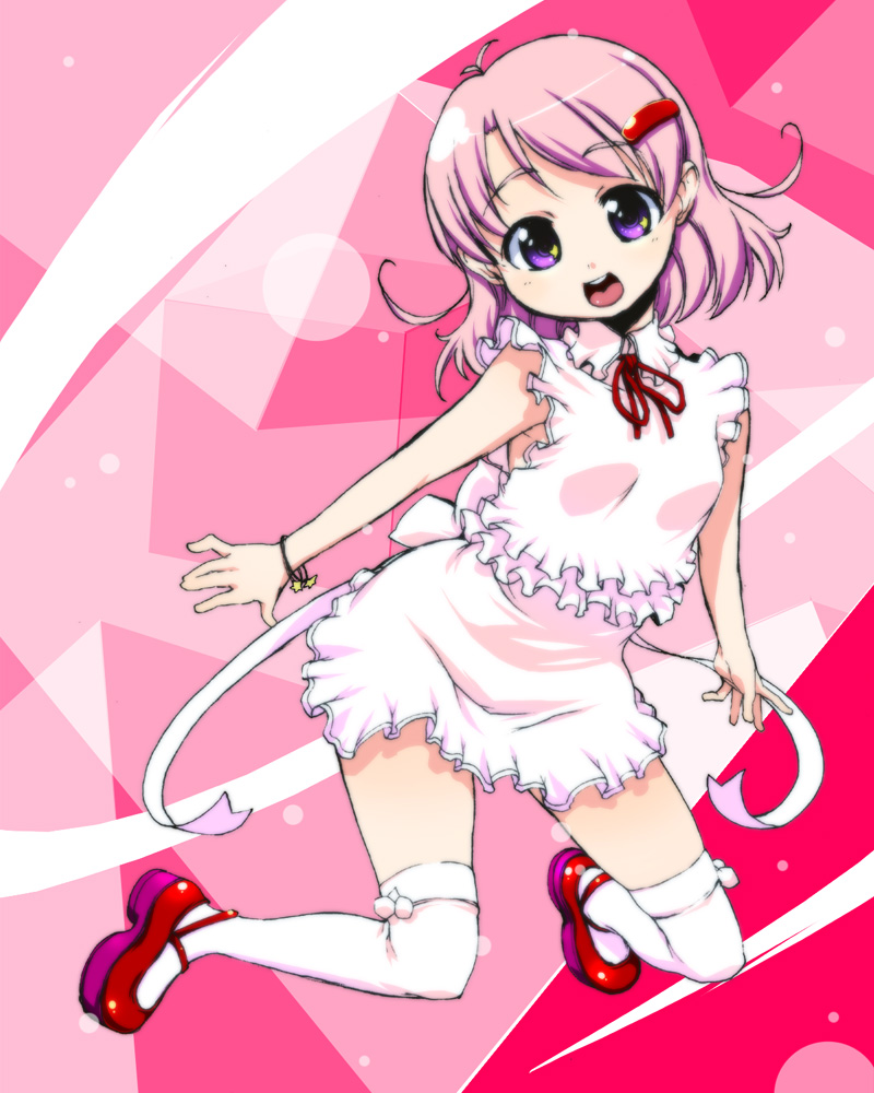 onija tarou, original, 1girl, ahoge, female focus, full body, full moon, hair ornament, hairclip, kneeling, legs, moon, open mouth, pink background, pink eyes, pink hair, red shoes, shoes, solo, teeth, thighhighs, upper teeth only, white thighhighs