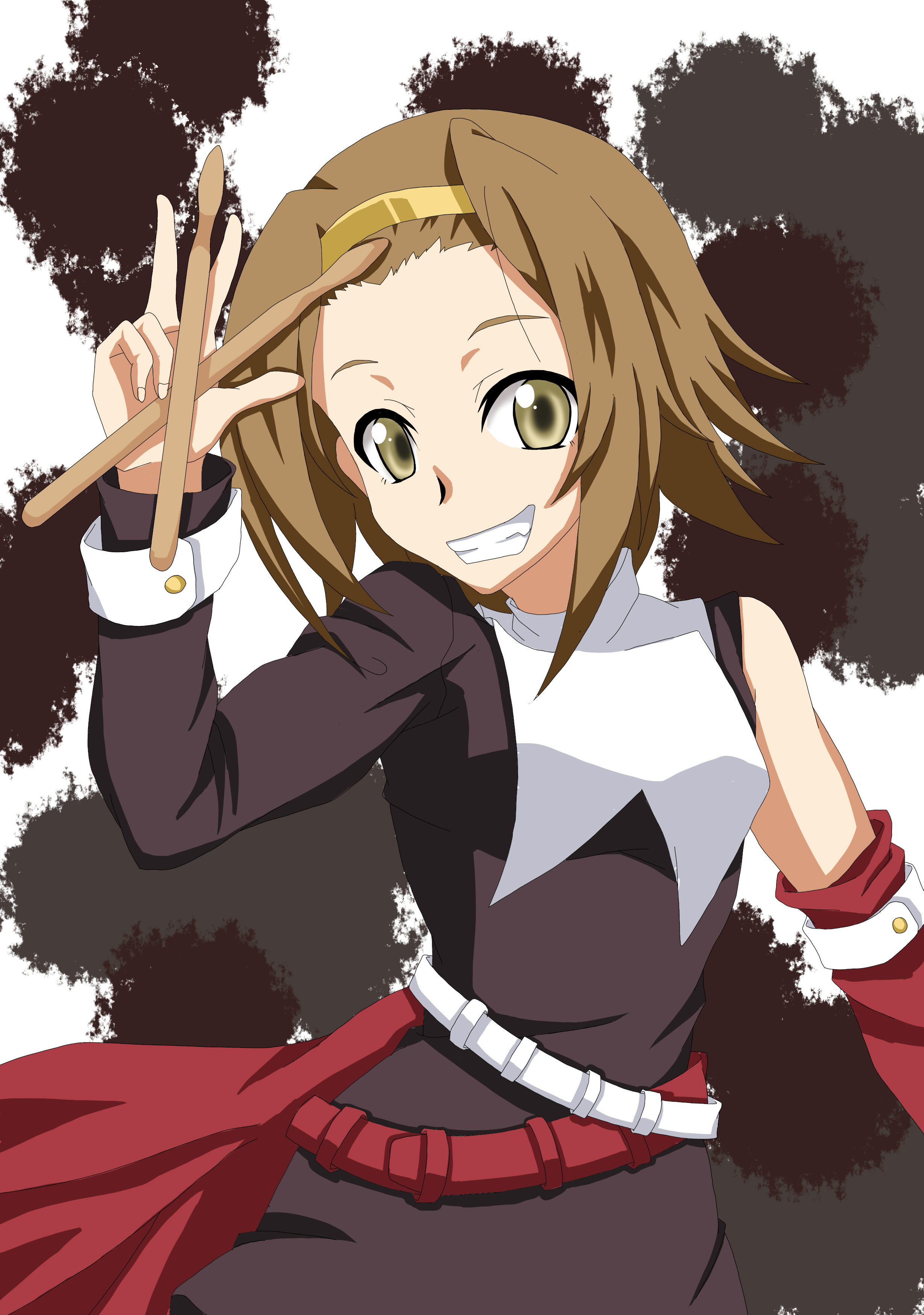 karimu, tainaka ritsu, k-on!, kira kira, absurdres, highres, 1girl, asymmetrical clothes, bare shoulders, brown hair, cosplay, detached sleeves, drumsticks, female focus, grin, hairband, smile, solo, yellow eyes