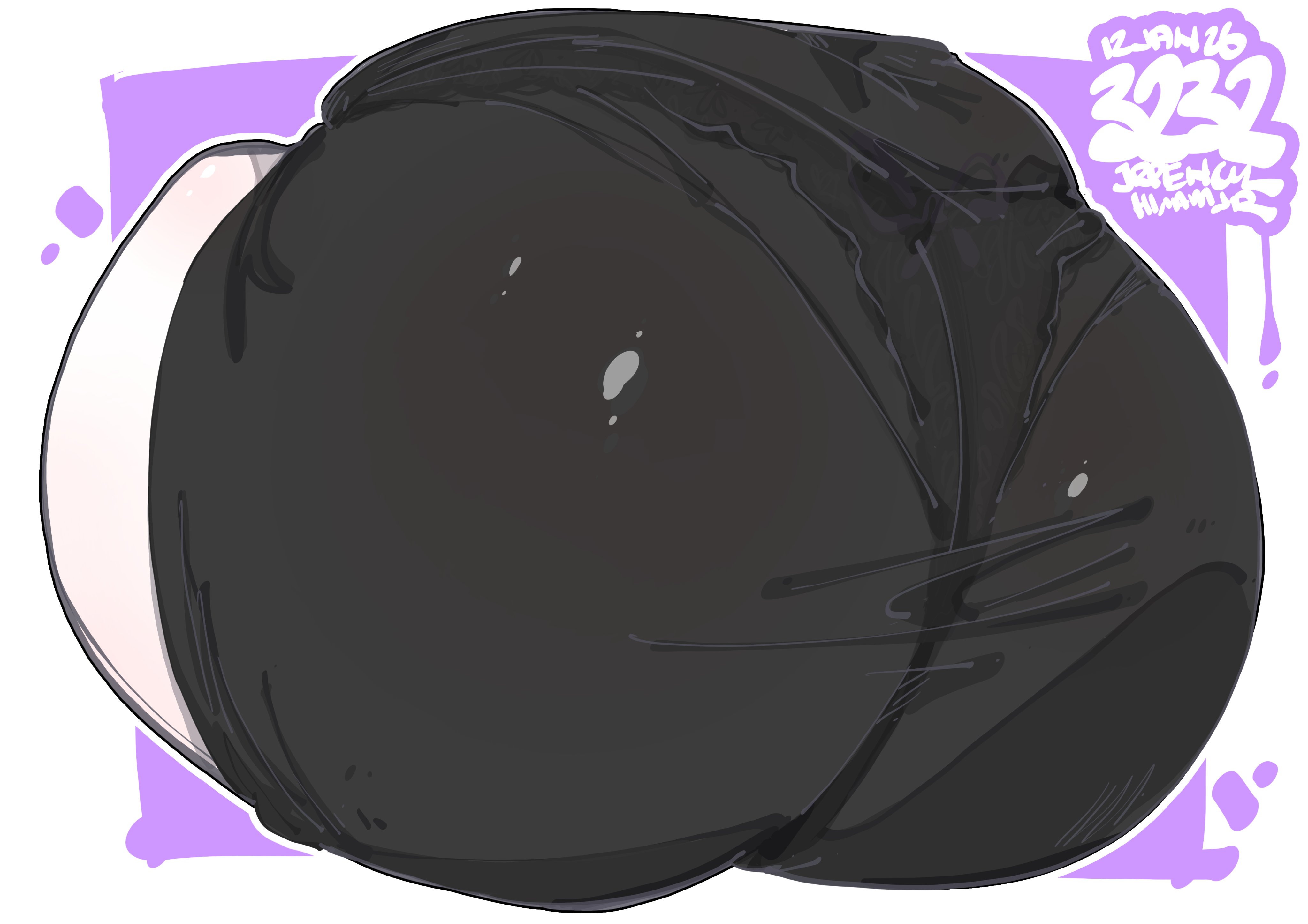 jrpencil, original, absurdres, commentary, english commentary, highres, 1girl, artist name, ass, ass focus, black dress, border, dated, dress, outside border, panties visible through clothes, purple background, solo, taut clothes, taut dress, white border