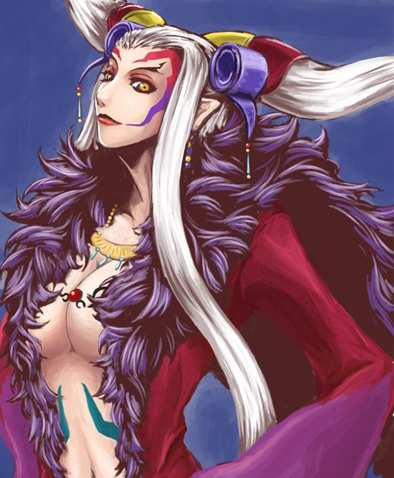 ultimecia, final fantasy, final fantasy viii, 1990s (style), 1girl, black wings, breasts, cleavage, dress, elf, female focus, gradient background, large breasts, pointy ears, retro artstyle, solo, white hair, wings, yellow eyes