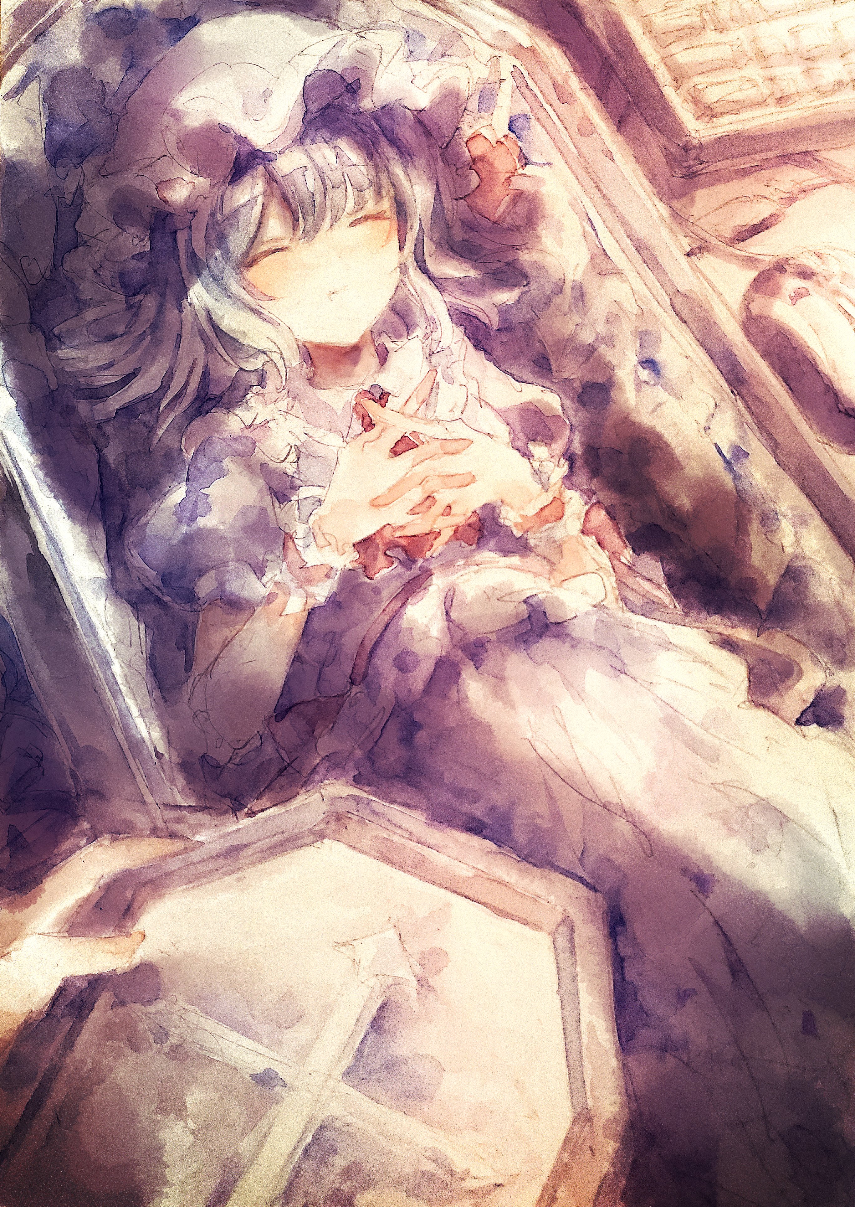 kamu kotan, remilia scarlet, touhou, absurdres, commentary request, highres, traditional media, 1girl, closed eyes, closed mouth, coffin, hat, hat ribbon, in coffin, interlocked fingers, lying, mob cap, on back, own hands together, puffy short sleeves, puffy sleeves, ribbon, shirt, short sleeves, skirt, solo, wrist cuffs