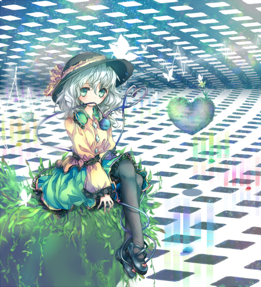 enone, komeiji koishi, touhou, silver hair, 1girl, female focus, full body, green eyes, heart, pantyhose, short hair, solo