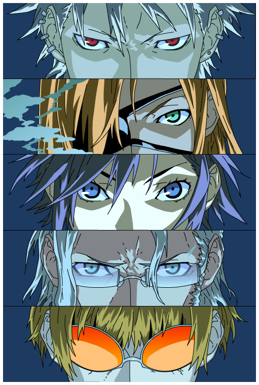 badou nails, fuyumine naoto, giovanni, giovanni (dogs), haine rammsteiner, mihai mihaeroff, dogs: bullets & carnage, persona, 1girl, 4boys, blonde hair, blue eyes, column lineup, cut-in, eyepatch, glasses, green eyes, multiple boys, orange hair, parody, persona eyes, purple hair, red eyes, short hair, sunglasses, white hair