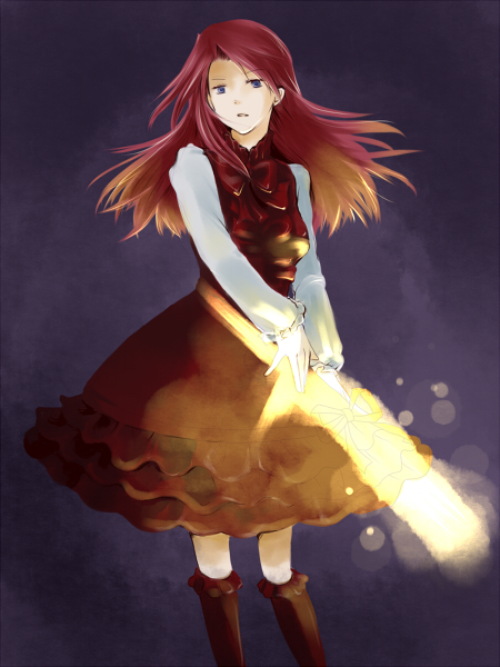 kashiwa kiseri, ushiromiya battler, umineko no naku koro ni, gender request, 1girl, blue eyes, bow, dress, female focus, genderswap, gradient background, long hair, red hair, solo