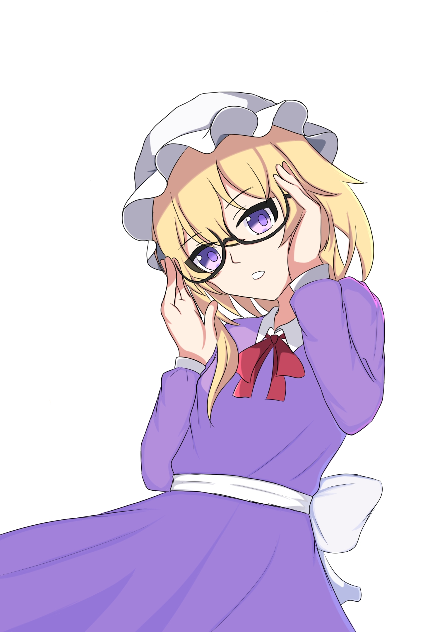 maribel hearn, touhou, commentary, highres, 1girl, adjusting eyewear, back bow, black-framed eyewear, blonde hair, bow, collared dress, contrast collar, dress, glasses, hat, long sleeves, looking at viewer, medium hair, mob cap, neck ribbon, open mouth, purple dress, purple eyes, red ribbon, ribbon, simple background, sleeve cuffs, solo, standing, user hyas3382, white background, white bow, white hat