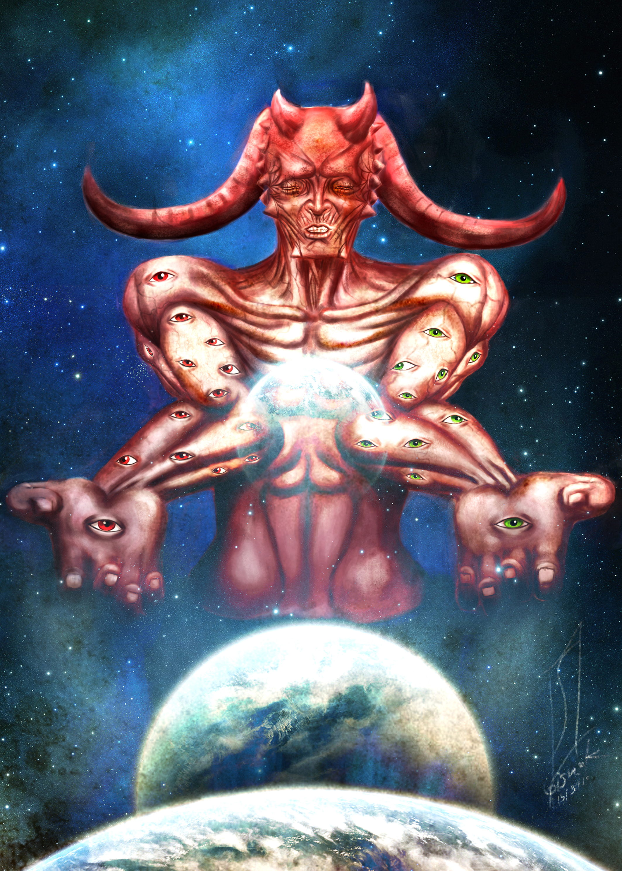 choccoball, absurdres, highres, stitched, third-party edit, dated, demon, green eyes, horns, planet, solo, space, star (sky)