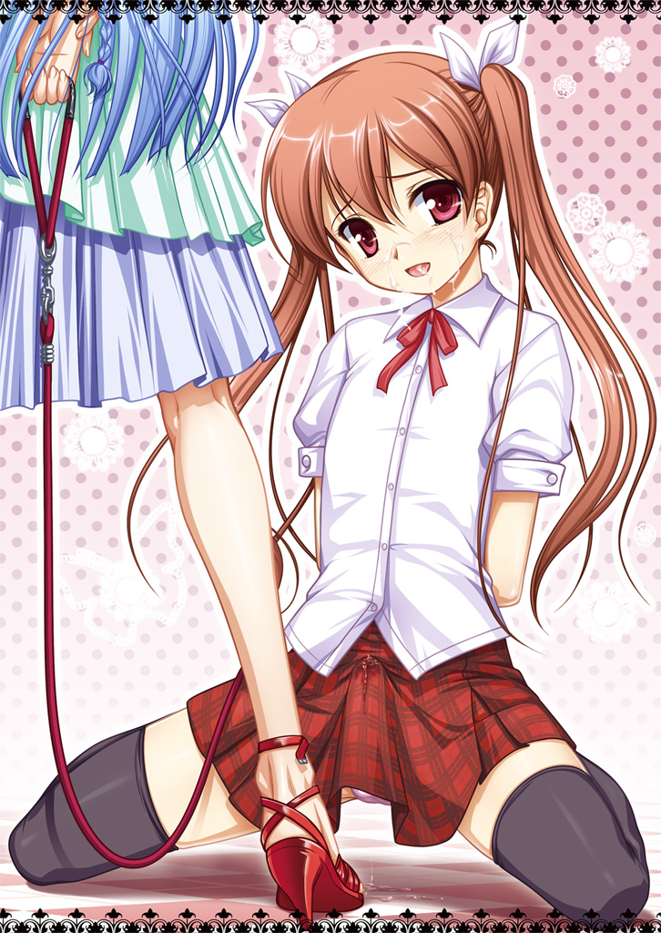 aogiri penta, minomura tsukasa, takayasu toshio, nounai kanojo, yamitsuki!, 1boy, 1girl, ankle strap, arms behind back, black thighhighs, blouse, border, bound, bound arms, brown hair, bulge, collared shirt, crossdressing, cum, cum in clothes, cum on body, cum through clothes, erection, erection under clothes, facial, femdom, hair ribbon, high heels, lace, lace border, leash, leash pull, looking at viewer, miniskirt, open mouth, ornate border, pastel colors, penis, plaid clothes, plaid skirt, red eyes, ribbon, sandals, school uniform, shirt, shoes, short hair, shota, skirt, solo focus, thighhighs, trap, twintails, white shirt
