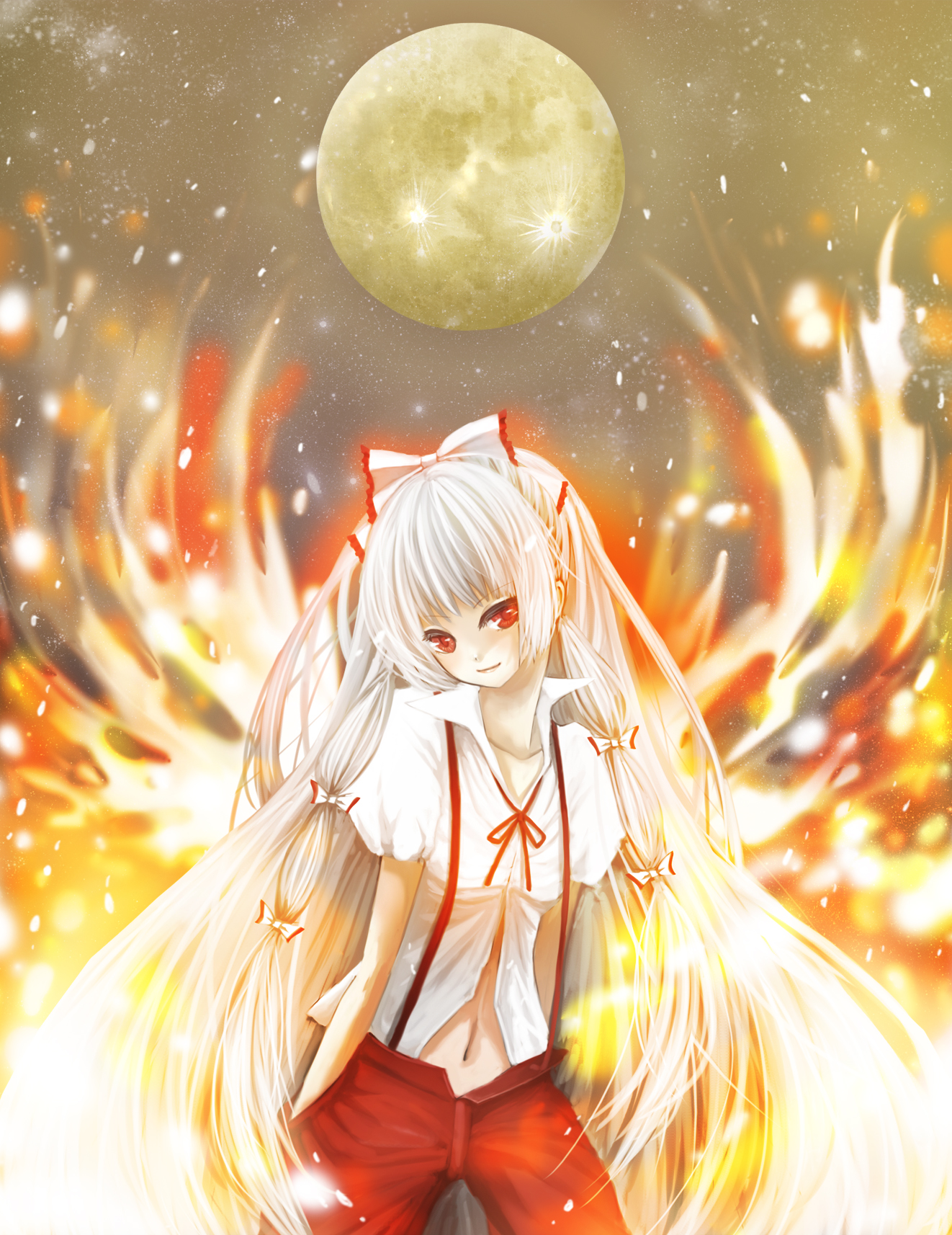 shuo, fujiwara no mokou, touhou, bad id, bad pixiv id, highres, 1girl, blunt bangs, female focus, fire, full moon, hair ribbon, hands in pockets, head tilt, hime cut, light smile, lips, long hair, moon, navel, red eyes, ribbon, sepia, short sleeves, smile, solo, suspenders, very long hair
