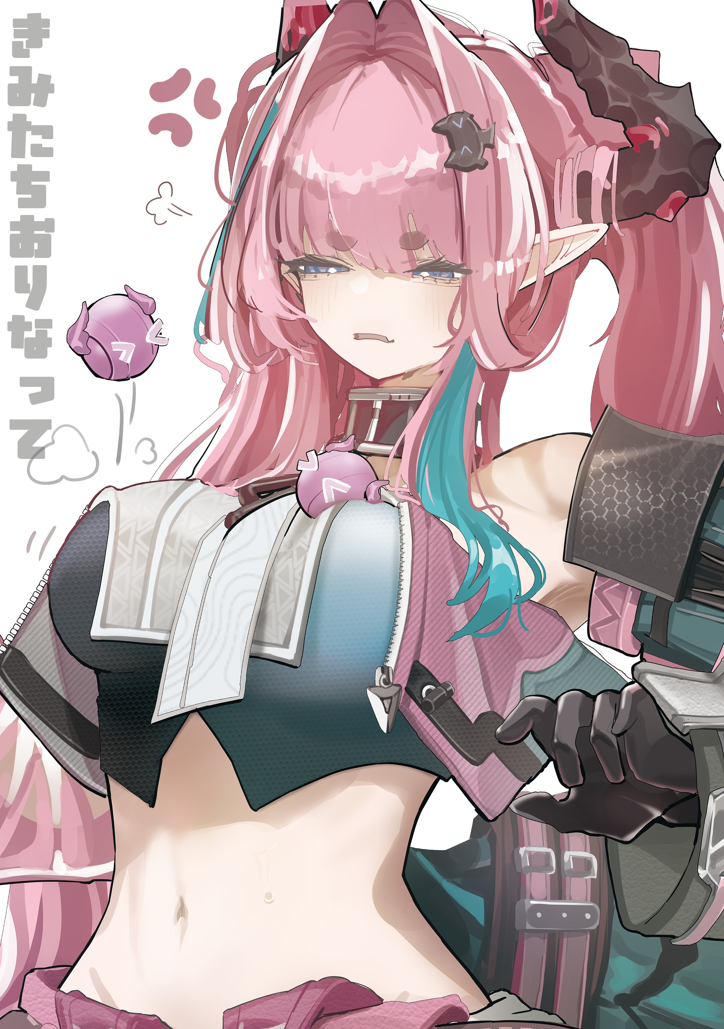 taiiiyakiii, yvonne (arknights), arknights, arknights: endfield, absurdres, commentary request, highres, 1girl, anger vein, belt, black gloves, blue eyes, blue hair, blush, breasts, detached sleeves, dragon girl, dragon horns, dragon tail, gloves, hair ornament, hairclip, horns, large breasts, long hair, multicolored hair, open mouth, pants, pink hair, pointy ears, solo, tail, twintails, white pants