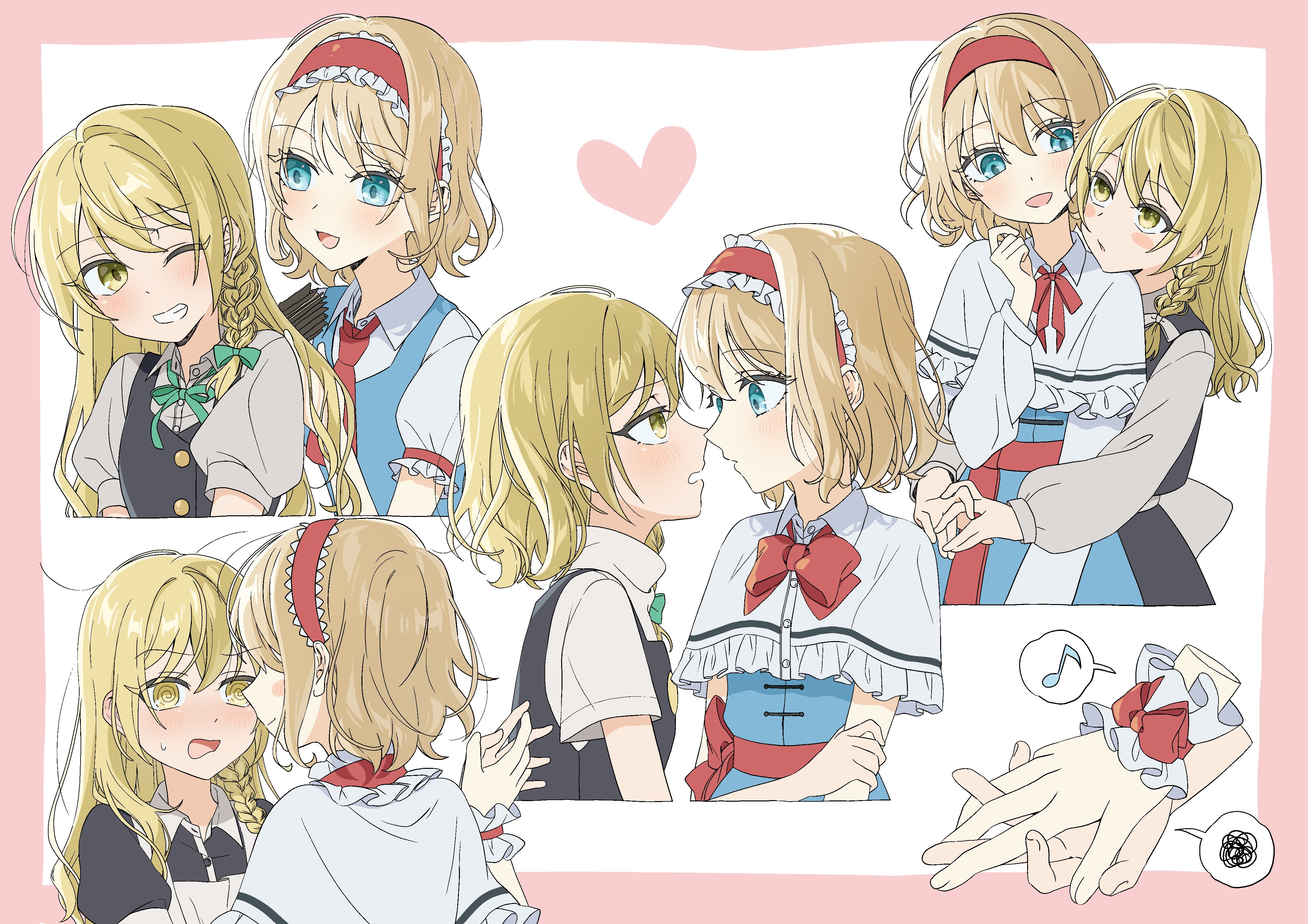 tsuno no hito, alice margatroid, kirisame marisa, touhou, absurdres, commentary request, highres, 2girls, @ @, back bow, black skirt, black vest, blonde hair, blue dress, blue eyes, blush, border, bow, bowtie, braid, capelet, dress, eye contact, frilled hairband, frills, green ribbon, grin, hair bow, hairband, heart, holding hands, hug, hug from behind, imminent kiss, interlocked fingers, lolita hairband, looking at another, multiple girls, musical note, neck ribbon, no headwear, one eye closed, open mouth, pink border, puffy short sleeves, puffy sleeves, red bow, red bowtie, red hairband, ribbon, short sleeves, side braid, single braid, skirt, smile, spoken musical note, spoken squiggle, squiggle, sweatdrop, vest, white background, white bow, white capelet, wrist cuffs, yellow eyes, yuri