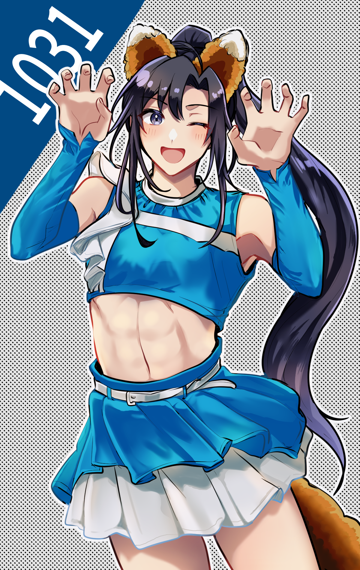 wei wuxian, modao zushi, commentary request, highres, 1boy, ;d, abs, ahoge, alternate costume, animal ears, aslle, bare shoulders, belt, black hair, blue shirt, blue skirt, blush, cheerleader, claw pose, cowboy shot, crop top, crossdressing, crossdressing (mtf), dated, detached sleeves, fake animal ears, fake tail, fox ears, fox tail, hair between eyes, hands up, layered skirt, long hair, long sleeves, looking at viewer, male focus, midriff, miniskirt, navel, one eye closed, open mouth, pleated skirt, ponytail, purple eyes, shirt, sidelocks, skirt, sleeveless, sleeveless shirt, smile, solo, standing, stomach, tail, trap, very long hair, white belt