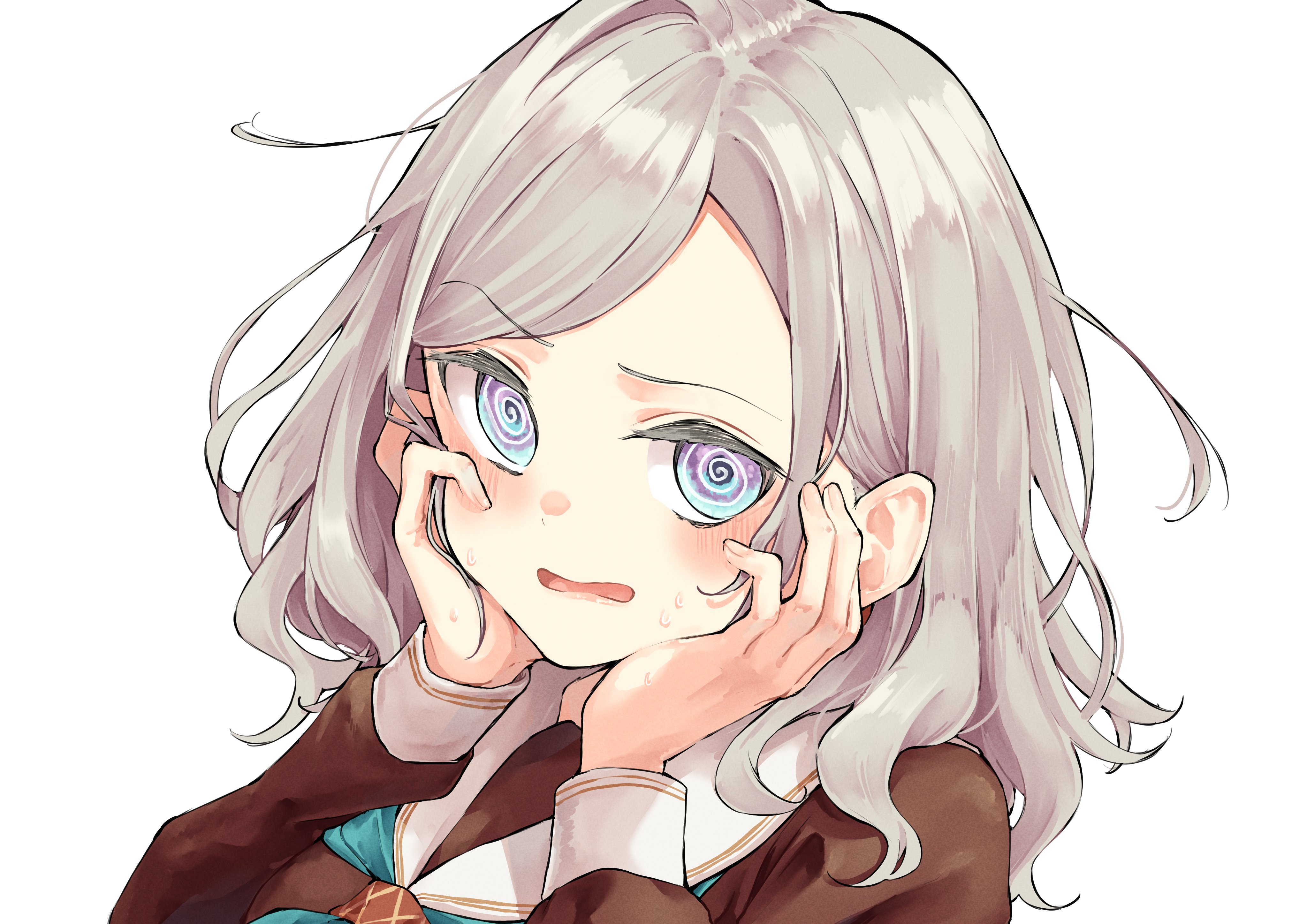 mendo (mend0o0), ceras yanagida lilienfeld, link! like! love live!, love live!, absurdres, commentary, highres, symbol-only commentary, 1girl, @ @, blue eyes, blush, grey hair, hands on own face, hasu no sora school uniform, long sleeves, open mouth, peanut mouth, school uniform, simple background, solo, sweat, swept bangs, white background