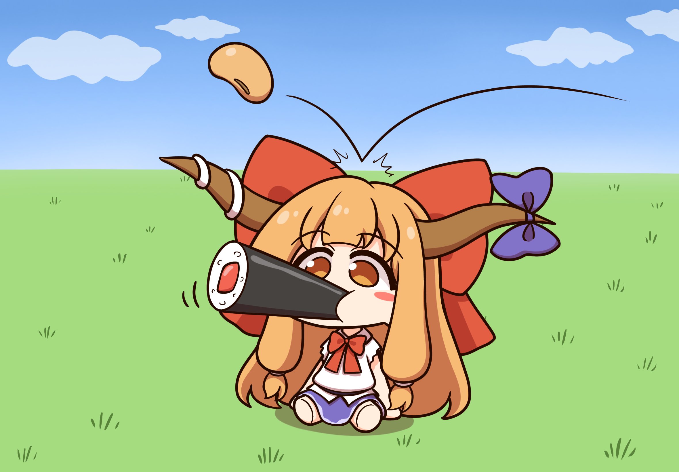 shitacemayo, ibuki suika, touhou, commentary request, highres, 1girl, beans, blue sky, bow, bowtie, brown horns, chibi, chibi only, cloud, day, eating, ehoumaki, food, grass, hair bow, horn bow, horn ornament, horns, long hair, makizushi, mamemaki, on ground, oni, orange eyes, orange hair, outdoors, purple skirt, red bow, red bowtie, setsubun, shirt, skirt, sky, sushi, very long hair, white shirt