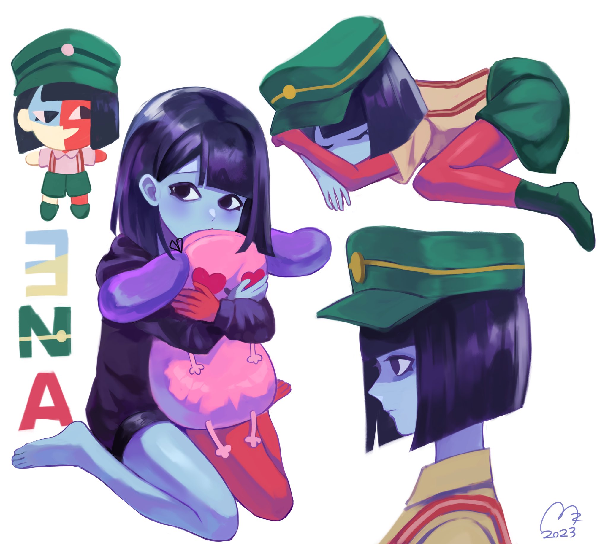 usagimarumei, ena (dream bbq), hangover ena, salesperson ena, ena: dream bbq, ena (series), highres, 2girls, alternate costume, black hair, blue blush, blue skin, blunt bangs, blunt ends, bob cut, character doll, chibi, colored blush, colored skin, doll, ena (species), green hat, hat, mezo (usagimarumei), multicolored skin, multiple girls, open mouth, red skin, shirt, short sleeves, shorts, simple background, sitting, sleeping, smile, split-color skin, stuffed animal, stuffed toy, suspender shorts, suspenders, two-tone skin, wariza