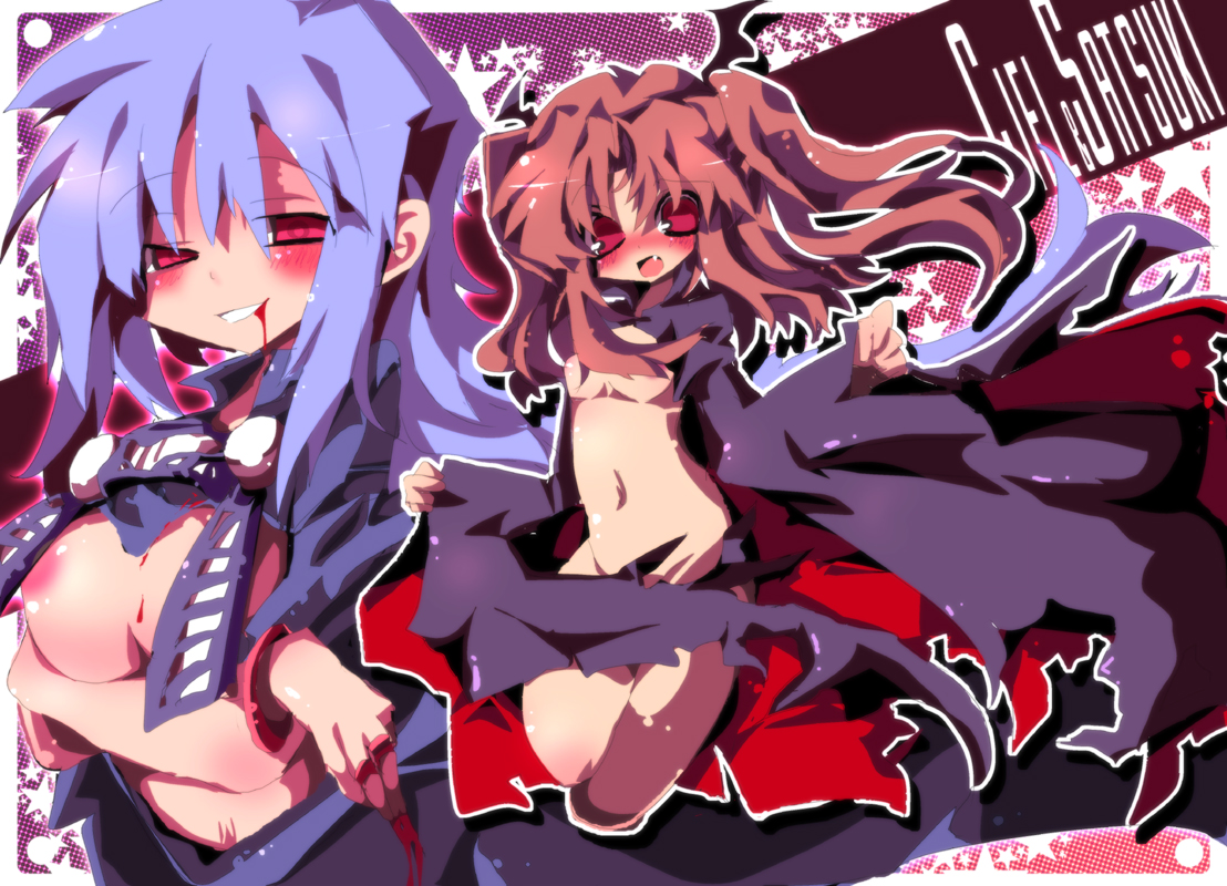 dangomushi, ciel (tsukihime), michael roa valdamjong, roa-ciel, yumizuka satsuki, tsukihime, commentary request, 2girls, bat wings, blood, blood from mouth, blood on face, blue hair, blush, bracelet, breasts, brown hair, cape, cloak, convenient censoring, cosplay, crossed arms, fang, floating clothes, floating hair, flustered, hair between eyes, hair ornament, huge breasts, jewelry, long hair, looking at viewer, midriff, multiple girls, naked cape, naked cloak, possessed, red eyes, roa-ciel (cosplay), sidelocks, smile, smirk, thighs, two side up, vampire, very long hair, wing hair ornament, wings