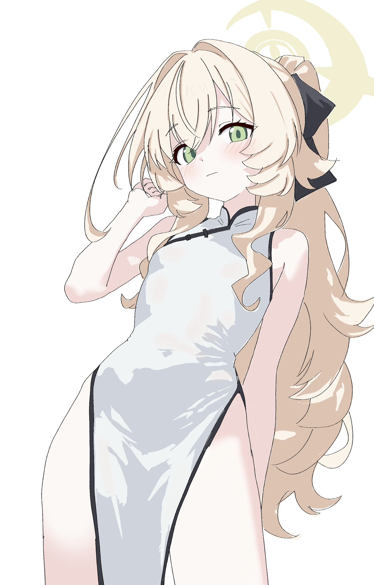 kamitosayu, professor niyaniya (blue archive), blue archive, commentary request, highres, 1girl, alternate costume, arm up, blonde hair, bow, breasts, china dress, chinese clothes, covered navel, dress, green hair, hair bow, halo, hip bones, looking at viewer, no panties, ponytail, side ahoge, small breasts, solo, thighs, white background