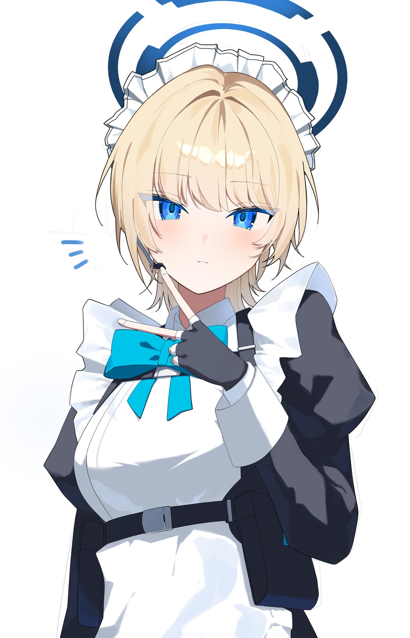 sukasusu 51te, toki (blue archive), blue archive, commentary request, highres, 1girl, belt, black gloves, black jacket, blonde hair, blue bow, blue eyes, blush, bow, bowtie, collared shirt, earpiece, fingerless gloves, frilled headdress, frills, gloves, hair between eyes, halo, jacket, looking at viewer, maid, maid headdress, parted lips, pointing, pointing at self, shirt, short hair, simple background, solo, tactical maid, unconventional maid, upper body, white background, white shirt