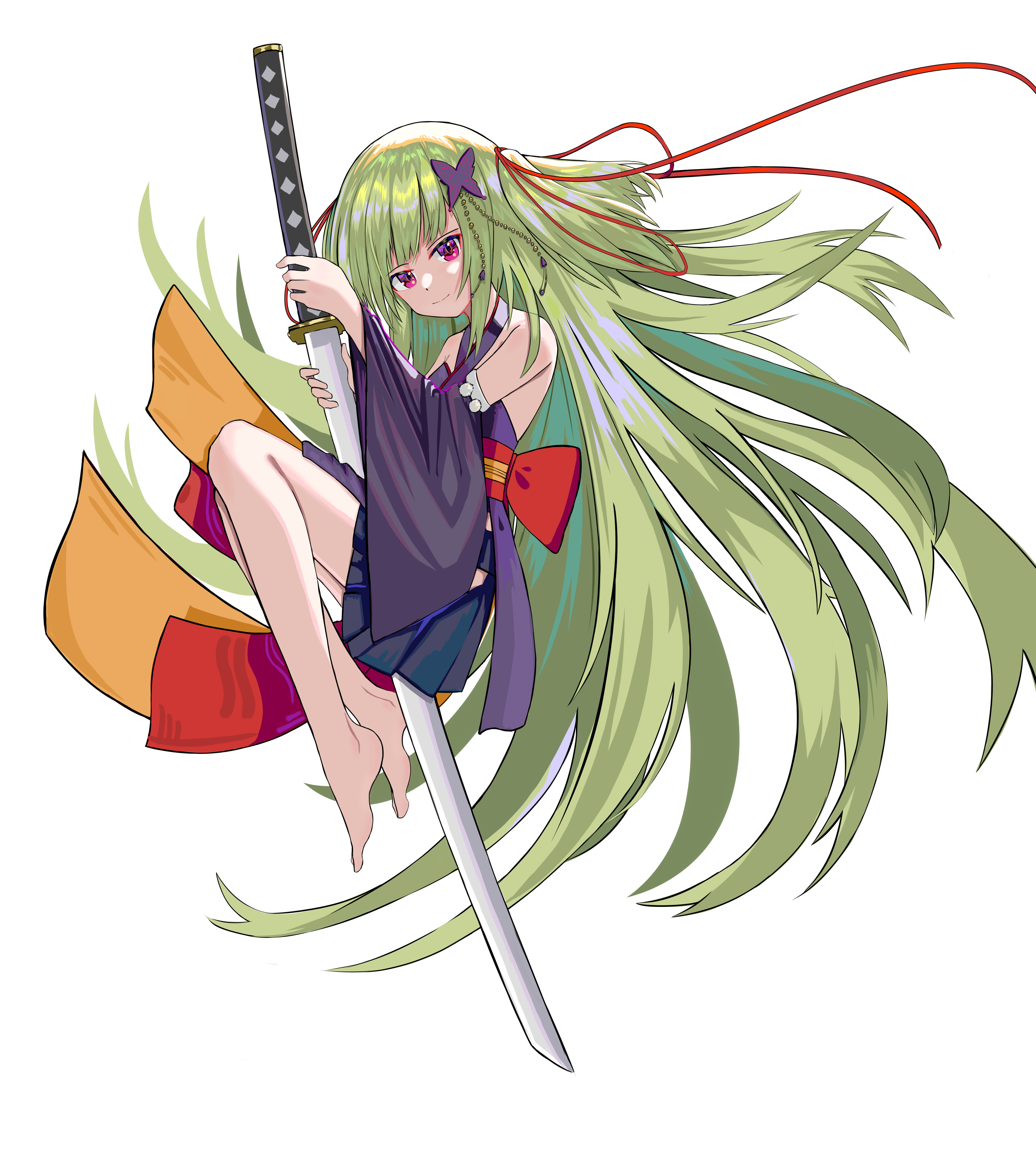 murasame (senren), senren banka, absurdres, chinese commentary, commentary request, highres, 1girl, back bow, bare shoulders, barefoot, black kimono, black skirt, blunt bangs, bow, butterfly hair ornament, closed mouth, criss-cross halter, feet, floating hair, full body, green hair, hair ornament, hair ribbon, halterneck, hands up, holding, holding sword, holding weapon, japanese clothes, katana, kimono, knees up, long hair, long ribbon, long sleeves, looking at viewer, lying, miniskirt, on side, pleated skirt, pom pom (clothes), red bow, red eyes, red ribbon, red sash, ribbon, sash, sidelocks, simple background, skirt, smile, solo, split mouth, sword, two side up, user wzdn3258, very long hair, weapon, white background, wide sleeves