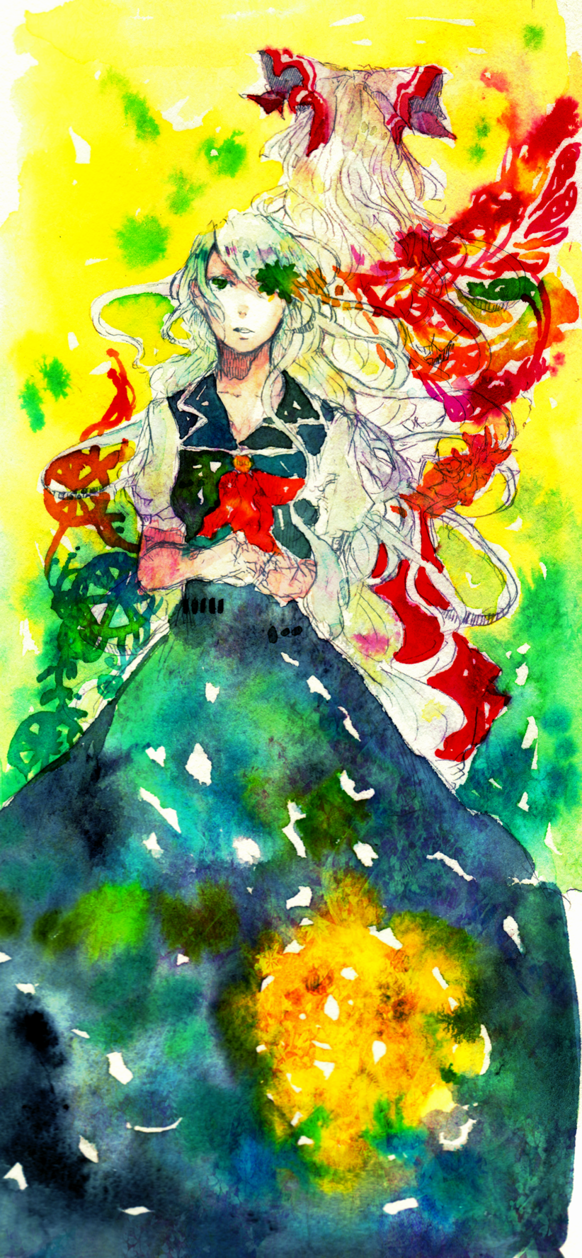 sakuma, fujiwara no mokou, kamishirasawa keine, touhou, bad id, bad pixiv id, highres, painting (medium), traditional media, watercolor (medium), 2girls, back, back-to-back, colorful, female focus, from behind, hair ribbon, multiple girls, no headwear, ribbon, standing