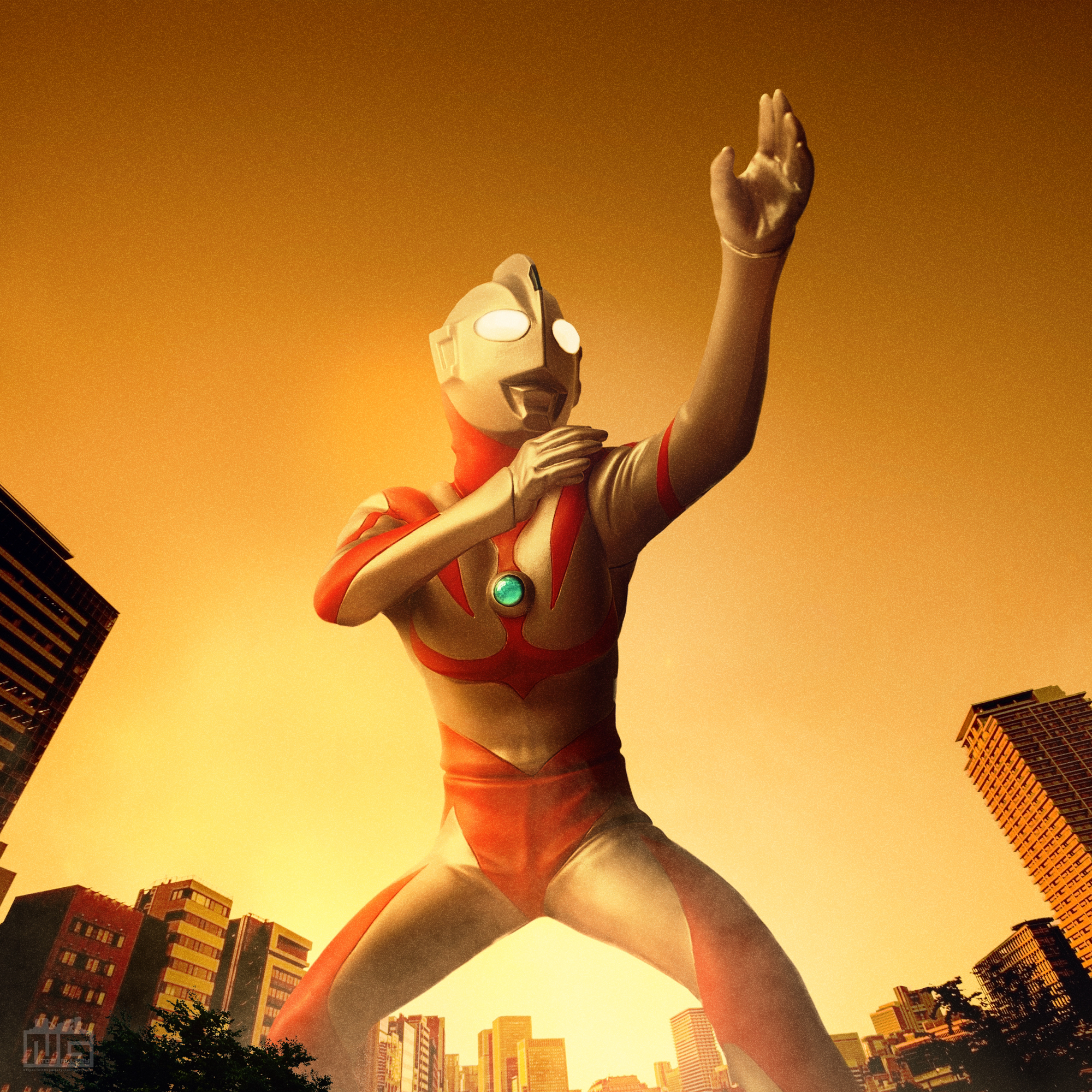 ito nobuhiko, ultraman neos, tokusatsu, ultra series, ultraman neos (series), commentary, highres, photo (medium), photoshop (medium), 1boy, alien, artist logo, building, city, cityscape, clear sky, color timer, colored skin, compound eyes, dorsal fin, feet out of frame, fighting stance, figure (medium), from below, giant, giant male, glowing, glowing eyes, hands up, hunched over, legs apart, logo, looking ahead, male focus, multicolored skin, no pupils, outdoors, outstretched arm, pectorals, red skin, silver skin, sky, skyscraper, solo, standing, sunset, toned, toned male, tree, two-tone skin, white eyes, wrinkled skin