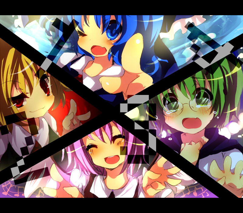 rarami, cirno, mystia lorelei, rumia, wriggle nightbug, touhou, bad id, bad pixiv id, 4girls, blonde hair, blue eyes, blue hair, blush, closed eyes, glasses, green eyes, green hair, multiple girls, musical note, one eye closed, pink hair, red eyes, short hair, team 9 (touhou), wink