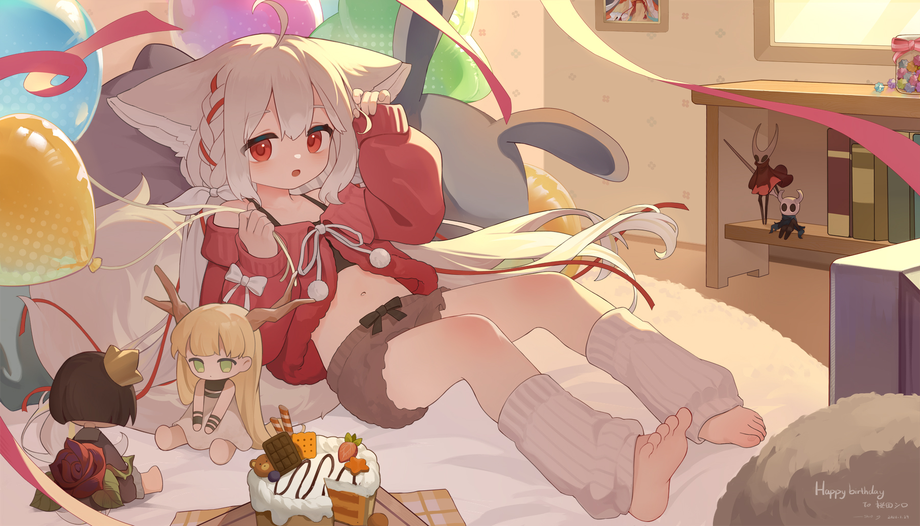 shio (shiofeifei), hornet (hollow knight), knight (hollow knight), sakurada shiro (hy plus), hollow knight, original, character request, commentary request, copyright request, highres, 1girl, animal ears, balloon, barefoot, birthday cake, braid, brown shorts, cake, dated, food, fox ears, fox girl, fox tail, grey hair, happy birthday, indoors, leg warmers, looking at viewer, midriff, navel, open mouth, red eyes, shorts, sitting, soles, solo, tail, toes