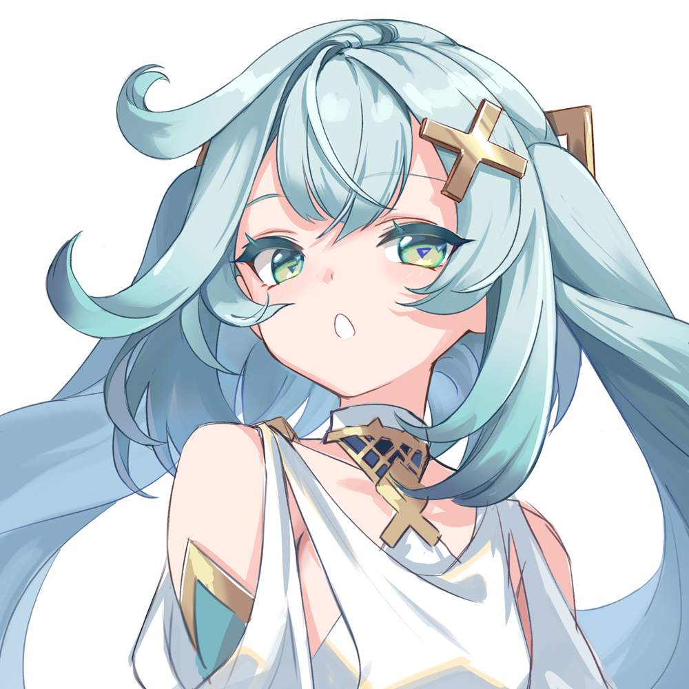 h2so4, faruzan (genshin impact), genshin impact, commentary request, 1girl, aqua hair, bare shoulders, cowlick, dress, green eyes, hair ornament, long hair, looking at viewer, solo, symbol-shaped pupils, teeth, triangle-shaped pupils, twintails, upper body, white background, white dress, x hair ornament