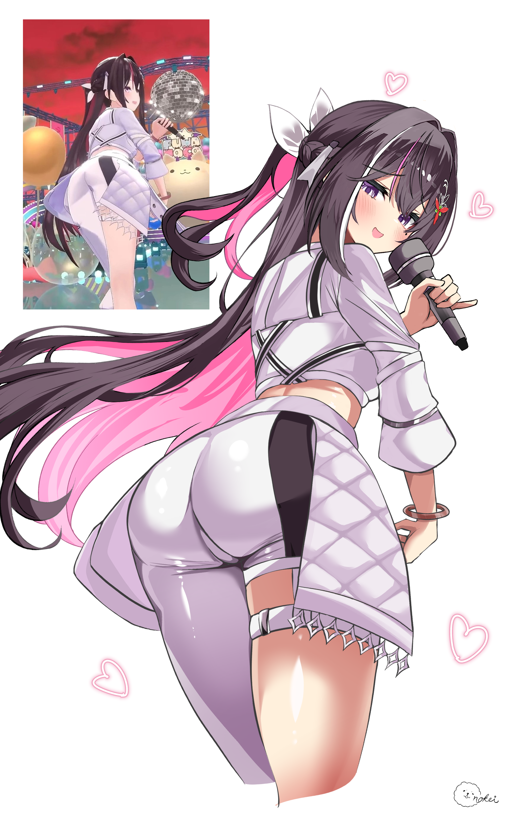 inokeiwd, azki (hololive), hololive, absurdres, commentary request, highres, 1girl, ass, ass focus, asymmetrical pants, balloon, black hair, blush, bracelet, colored inner hair, cropped legs, from behind, hair ornament, heart, holding, holding microphone, hololive idol uniform (color rise), huge ass, jacket, jewelry, legband, long hair, looking at viewer, looking back, microphone, midriff, mole, mole under eye, multicolored hair, official alternate costume, official alternate hair length, official alternate hairstyle, open mouth, pants, photo inset, pink hair, purple eyes, reference inset, simple background, smile, solo, streaked hair, thigh strap, virtual youtuber, white background, white hair