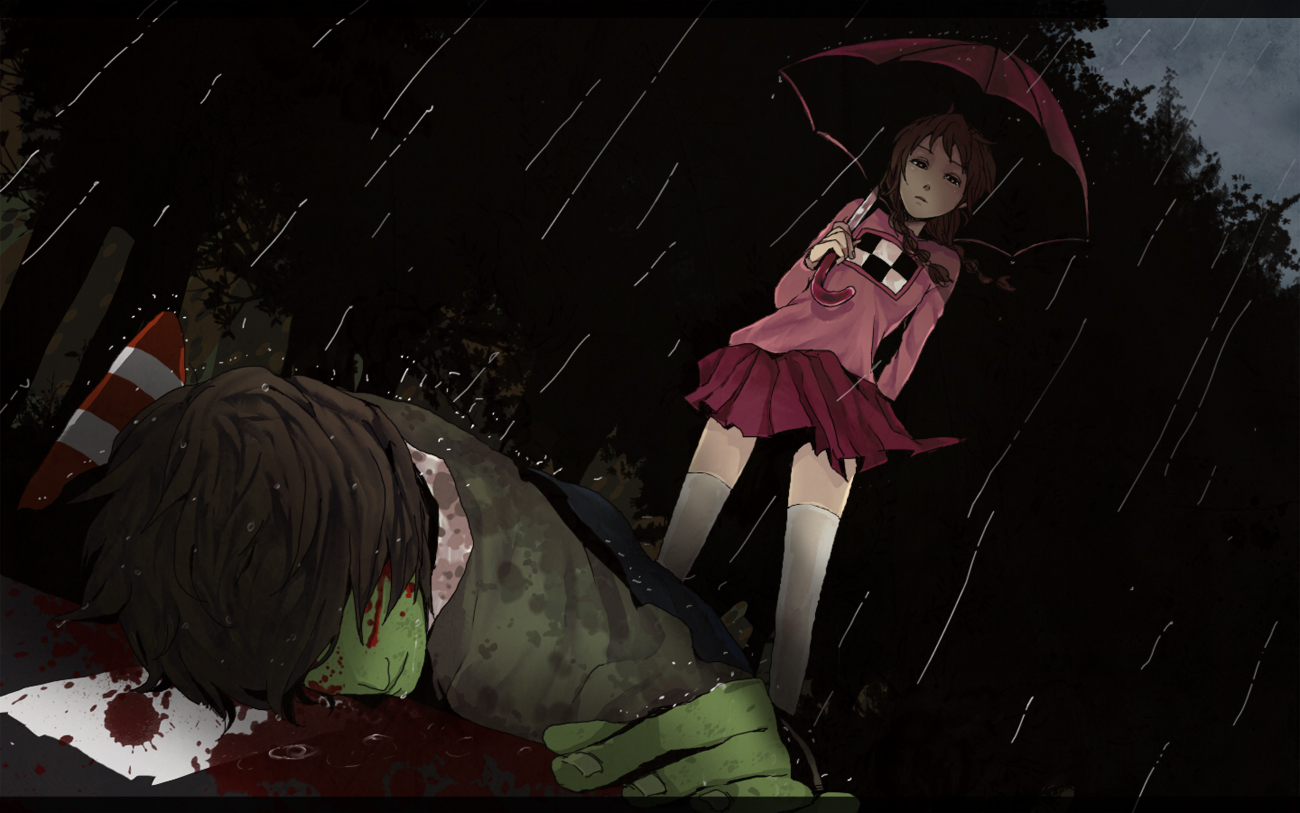 midoro, madotsuki, shitaisan, yume nikki, 1boy, 1girl, blood, braid, brown hair, cloud, colored skin, corpse, death, dutch angle, green skin, miniskirt, outdoors, pink shirt, rain, shirt, skirt, thighhighs, traffic cone, tree, twin braids, umbrella, zettai ryouiki