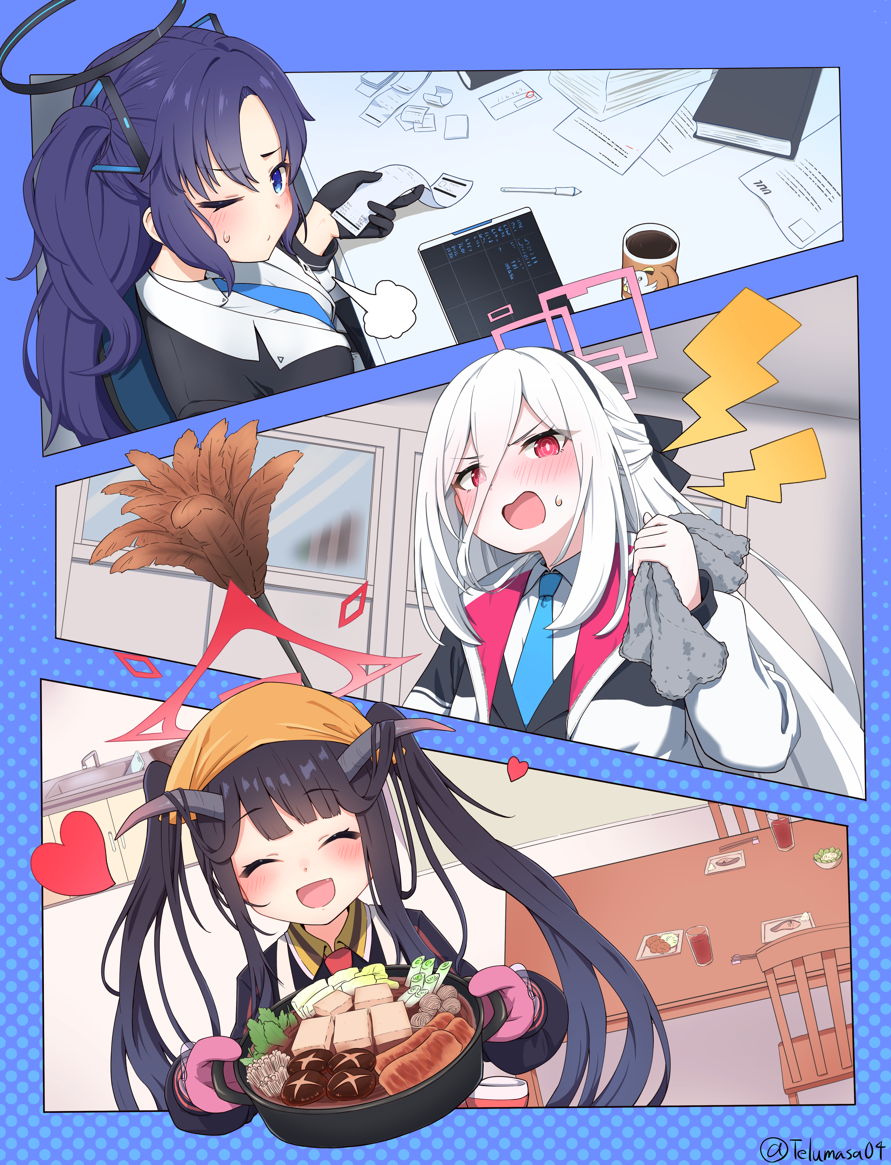 terumasa (amanoy), fuuka (blue archive), kei (blue archive), kei (new body) (blue archive), yuuka (blue archive), blue archive, absurdres, commentary request, highres, 3girls, :d, ^ ^, black bow, black gloves, black hair, black hairband, black halo, blue border, blue eyes, blue necktie, blunt bangs, blush, border, bow, bright pupils, closed eyes, closed mouth, coffee, coffee mug, collared shirt, cooking pot, cup, demon girl, demon horns, double-parted bangs, facing viewer, fang, food, frown, gloves, hair between eyes, hair bow, hair intakes, hair ornament, hairband, half updo, halo, happy, headscarf, heart, holding, holding cooking pot, holding receipt, horns, indoors, jacket, long hair, long hair between eyes, looking at viewer, mechanical halo, mittens, mug, multiple girls, necktie, one eye closed, open clothes, open jacket, open mouth, orange headscarf, outside border, pink mittens, puff of air, purple hair, receipt, rectangular halo, red eyes, ringed eyes, school uniform, shirt, sidelocks, sitting, smile, sweatdrop, triangle hair ornament, twintails, twitter username, two side up, upper body, v-shaped eyebrows, very long hair, white hair, white jacket, white pupils, white shirt