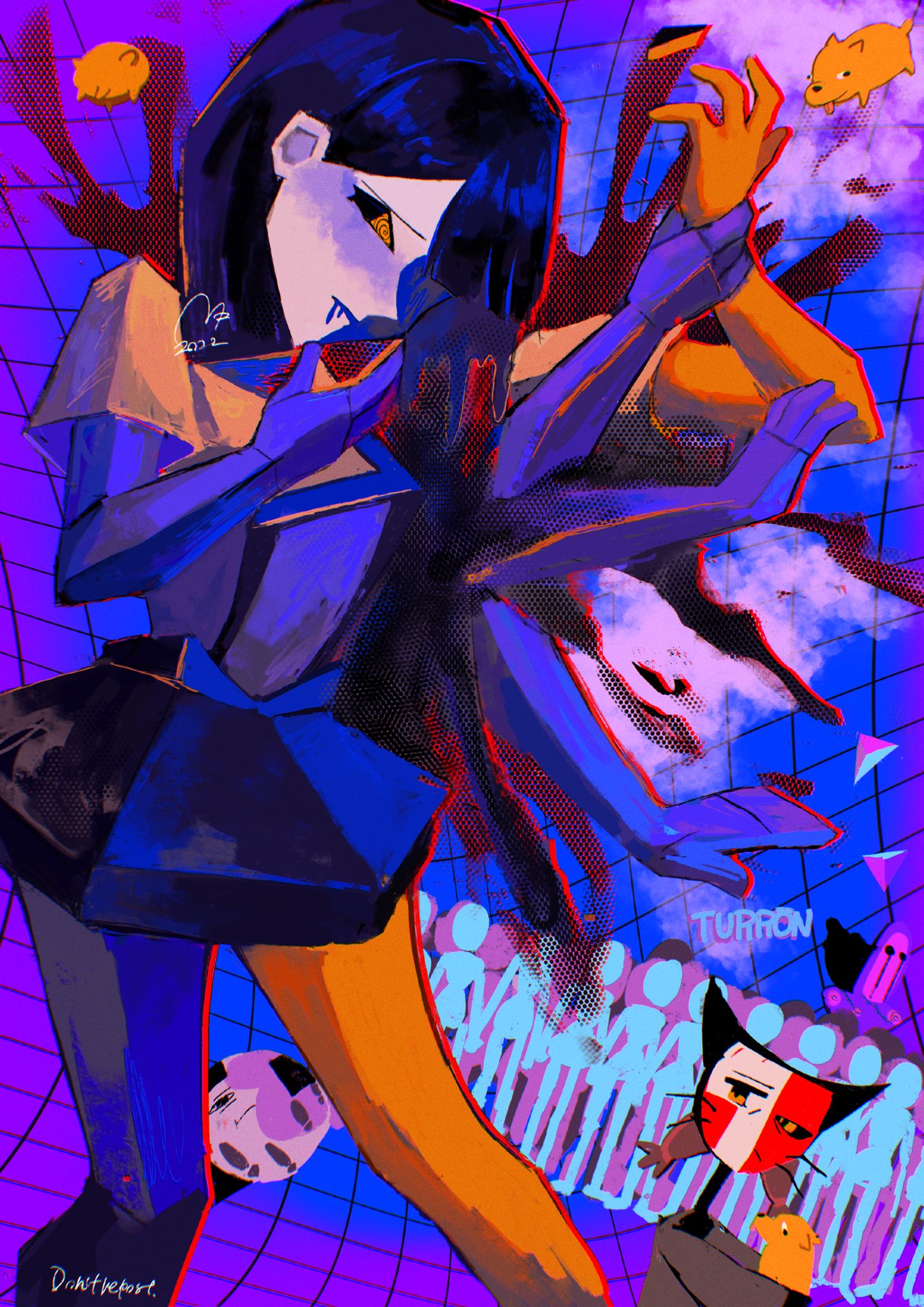 usagimarumei, drunk ena, ena (ena), hourglass dog, moony (ena), ena (series), ena (web series), highres, 3girls, black hair, blue skin, blunt bangs, cat girl, colored skin, cubism, dog, ena (species), great runas's residence, low poly, mannequin, multicolored skin, multiple girls, scene reference, shirt, short sleeves, split-color skin, surreal, the shepherd (ena), yellow skin